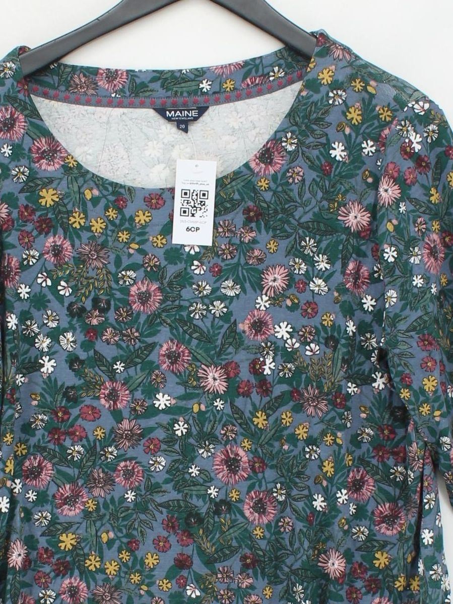 Maine Women's Top UK 20 Blue Floral 100% Cotton 3/4 Sleeve Round Neck Basic - Image 3