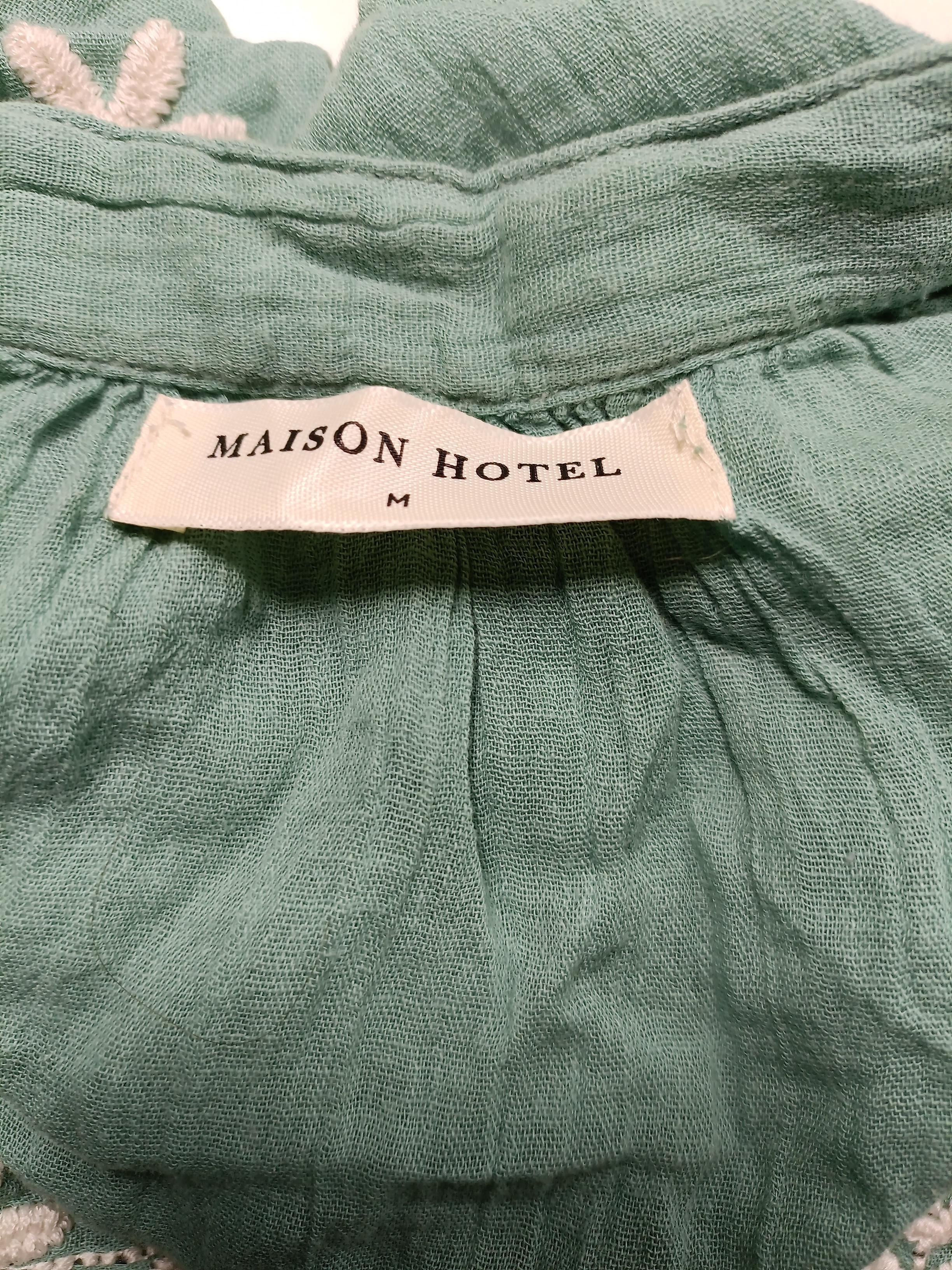 MAISON HOTEL Women's Top M Green Floral 100% Cotton Long Sleeve V-Neck Basic - Image 5