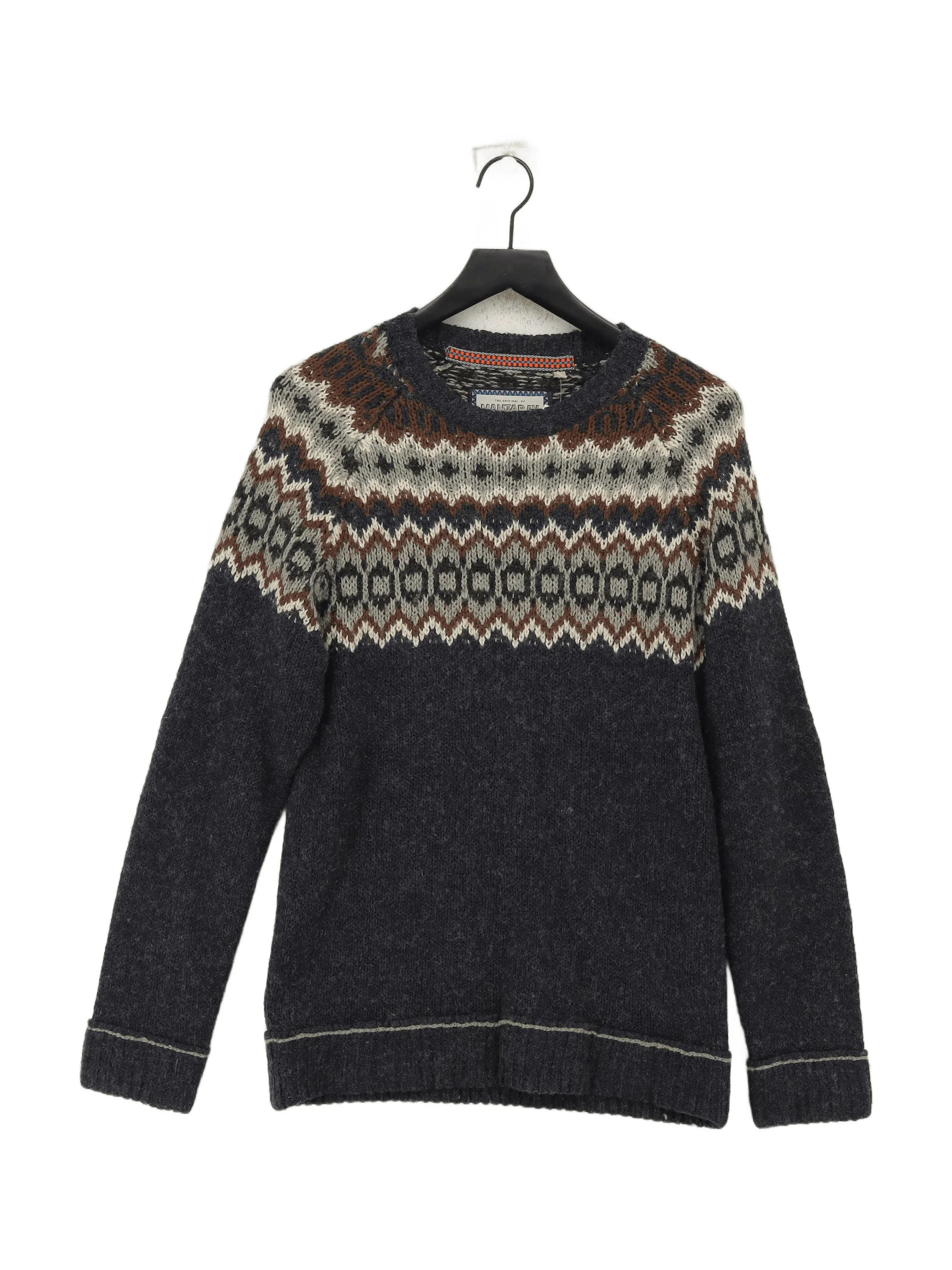 Mantaray Men's Jumper M Grey Geometric Acrylic with Wool Round Neck Pullover