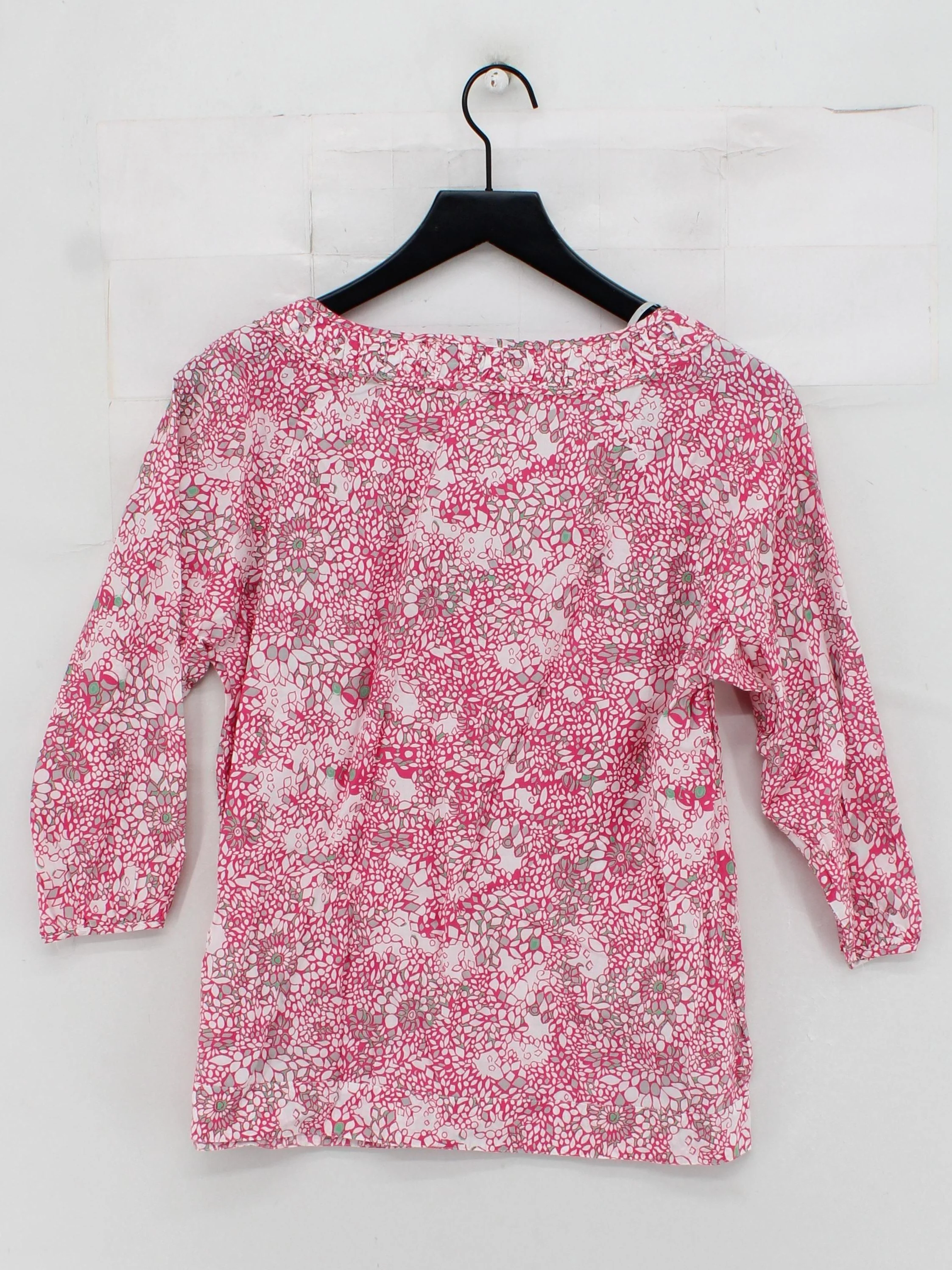 Mantaray Women's Top UK 10 Pink Floral 100% Cotton 3/4 Sleeve V-Neck Basic - Image 2