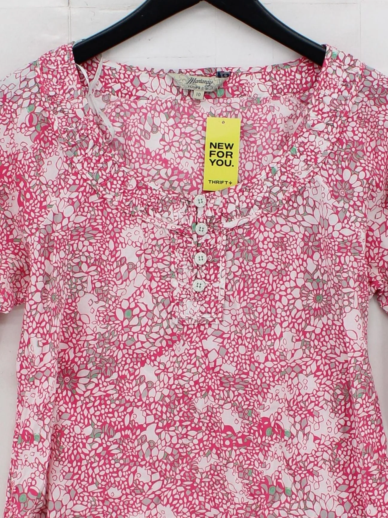 Mantaray Women's Top UK 10 Pink Floral 100% Cotton 3/4 Sleeve V-Neck Basic - Image 3