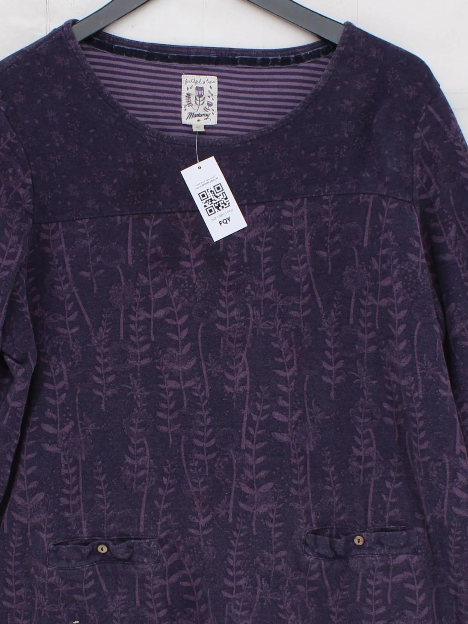 Mantaray Women's Top XXL Purple Floral 100% Cotton 3/4 Sleeve Round Neck Tunic - Image 3