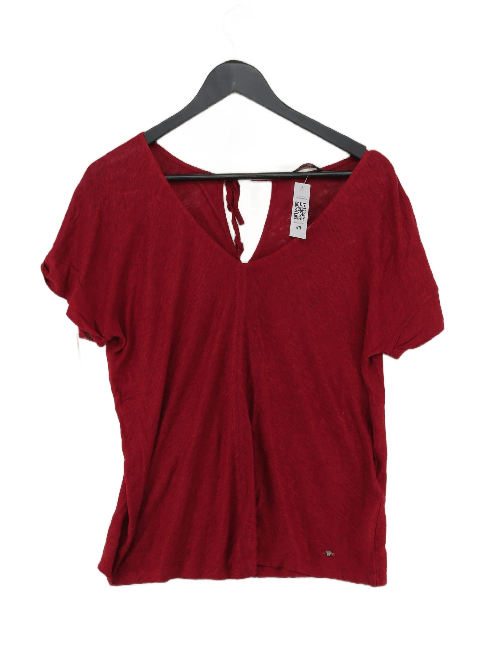 Massimo Dutti Women's T-Shirt L Red 100% Linen Short Sleeve V-Neck Basic