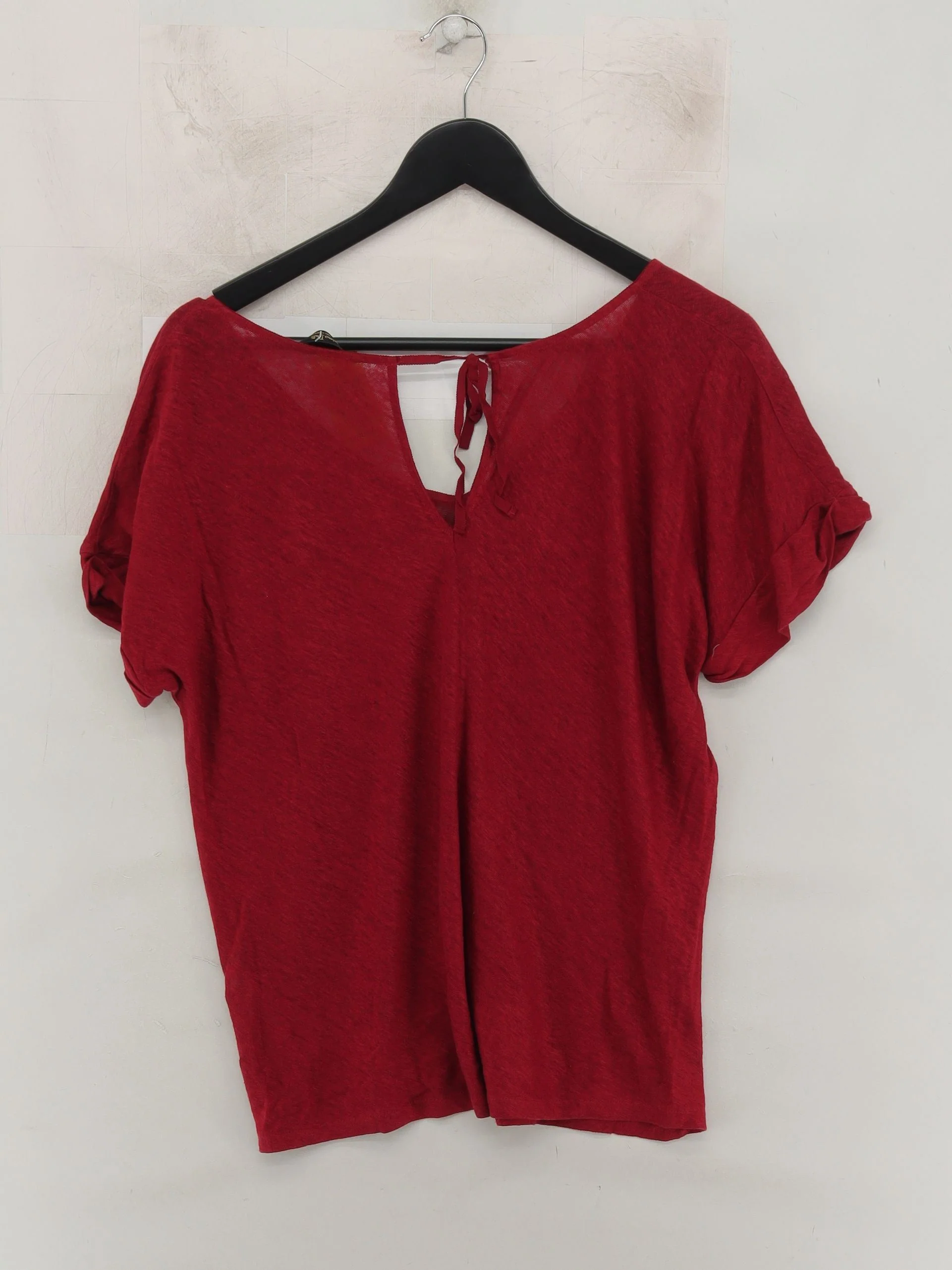 Massimo Dutti Women's T-Shirt L Red 100% Linen Short Sleeve V-Neck Basic - Image 2