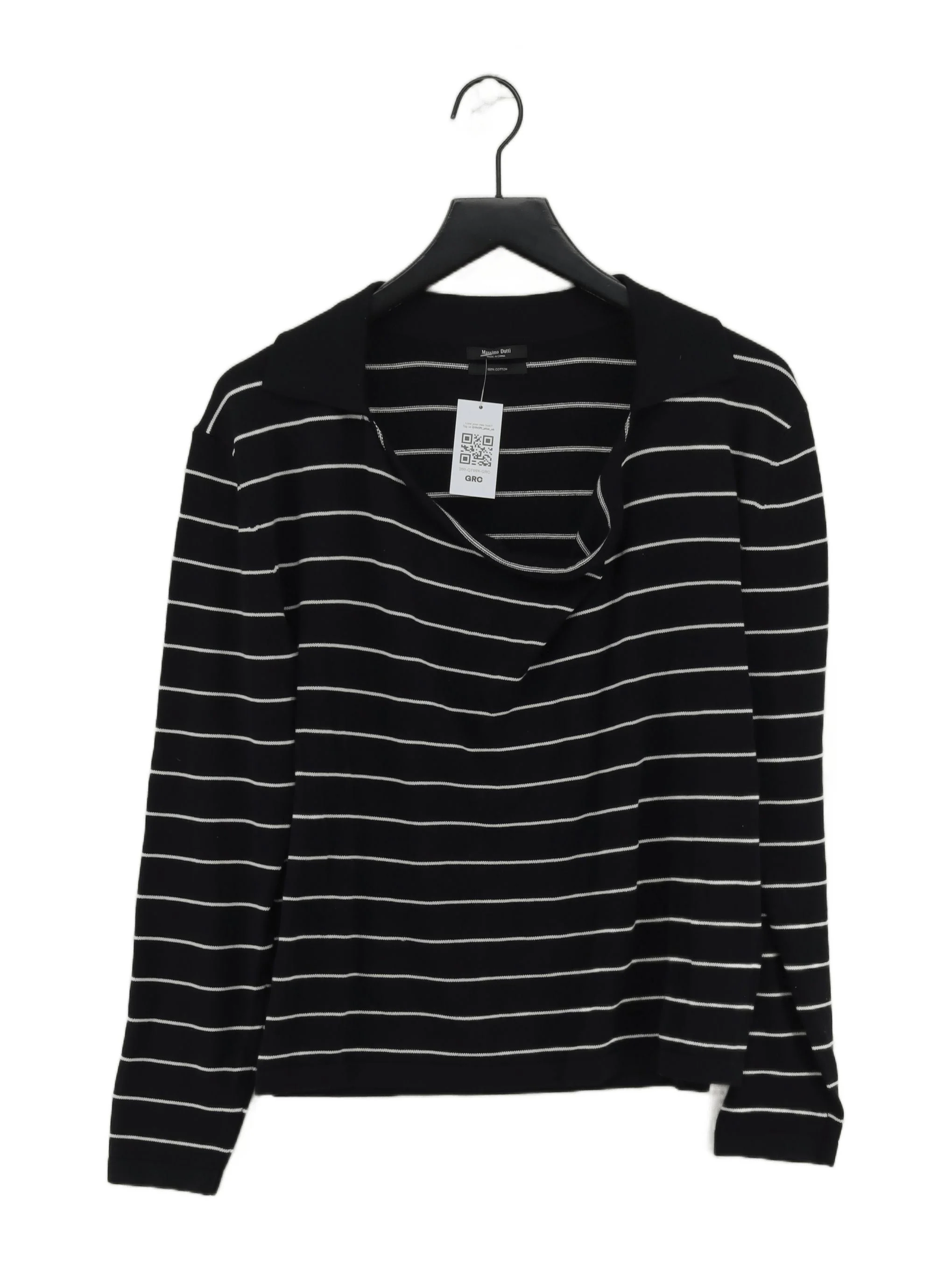 Massimo Dutti Women's Top M Black Striped 100% Cotton Long Sleeve Collared Basic