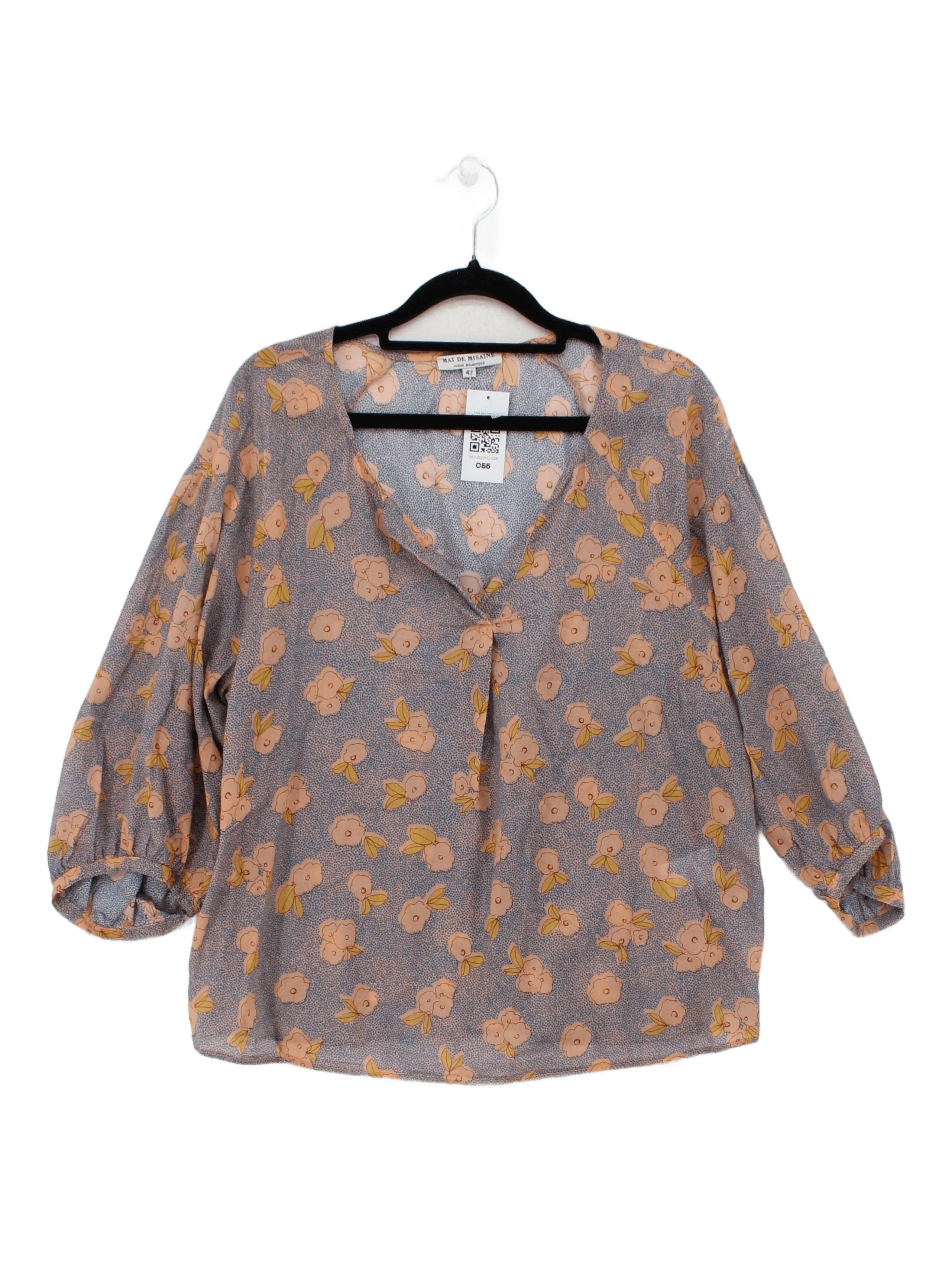 Mat De Misaine Women's Top UK 14 Blue Floral 100% Cotton 3/4 Sleeve V-Neck Basic