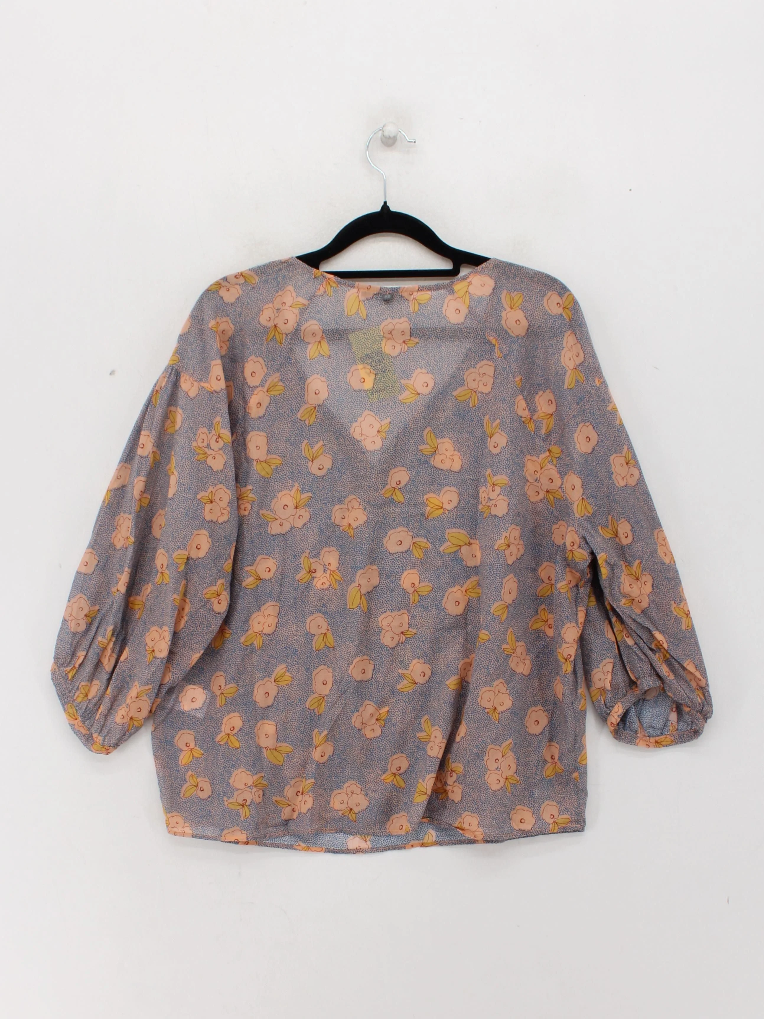 Mat De Misaine Women's Top UK 14 Blue Floral 100% Cotton 3/4 Sleeve V-Neck Basic - Image 2