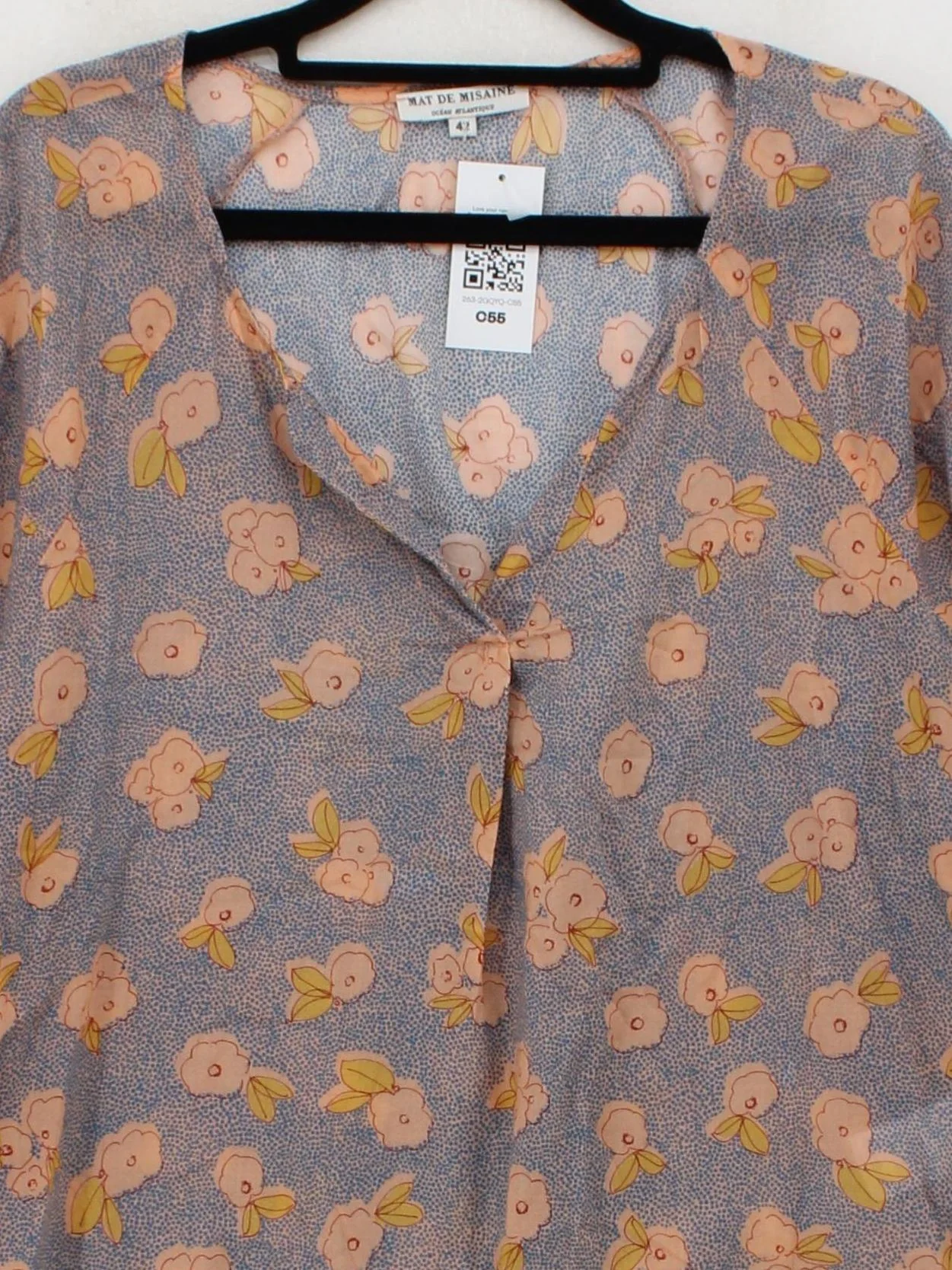 Mat De Misaine Women's Top UK 14 Blue Floral 100% Cotton 3/4 Sleeve V-Neck Basic - Image 3