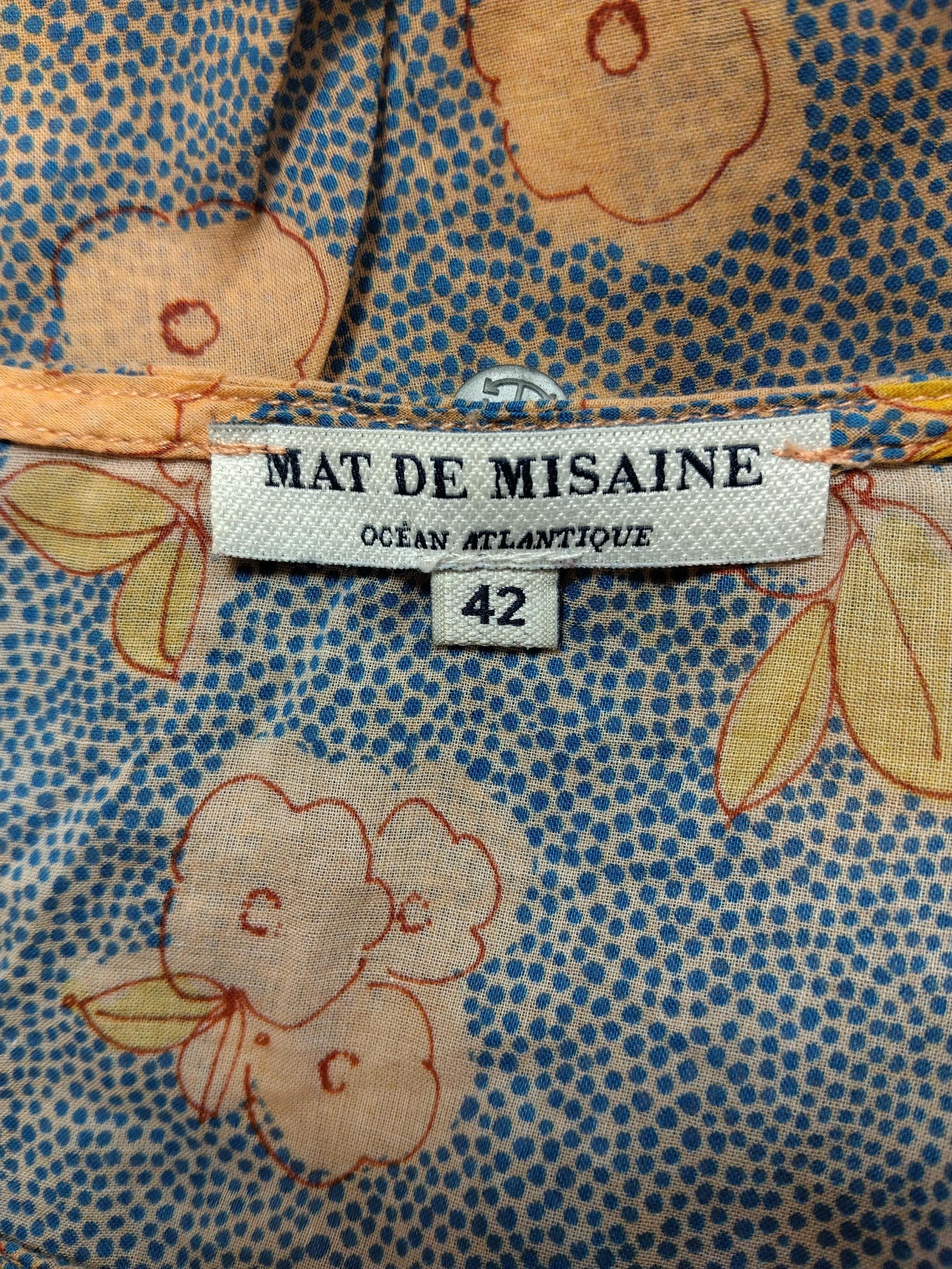 Mat De Misaine Women's Top UK 14 Blue Floral 100% Cotton 3/4 Sleeve V-Neck Basic - Image 5
