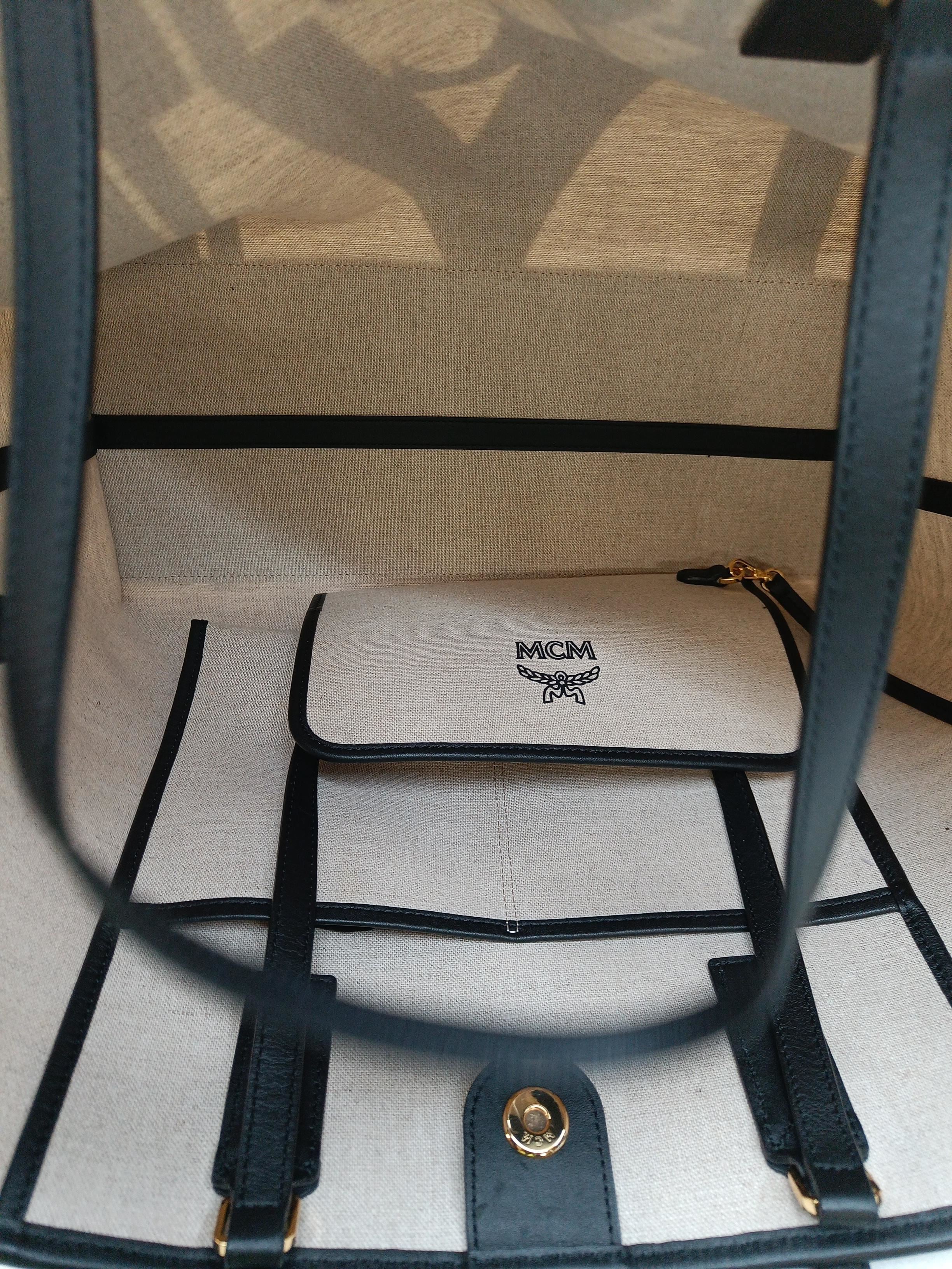 MCM Men's Bag Cream Graphic Cotton with Faux Leather Tote - Image 4