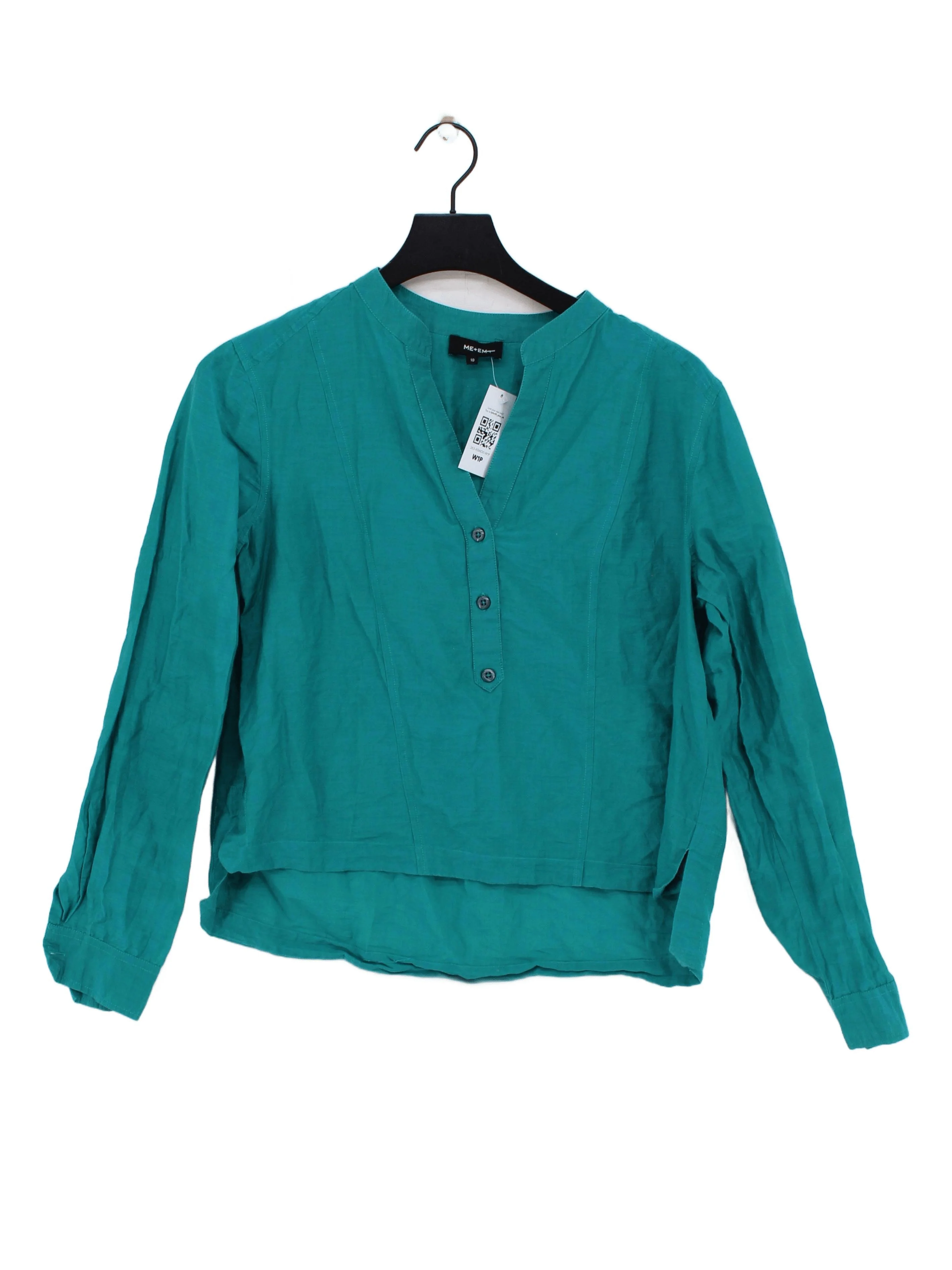 ME+EM Women's Shirt UK 10 Green Cotton with Silk Long Sleeve Collared Basic