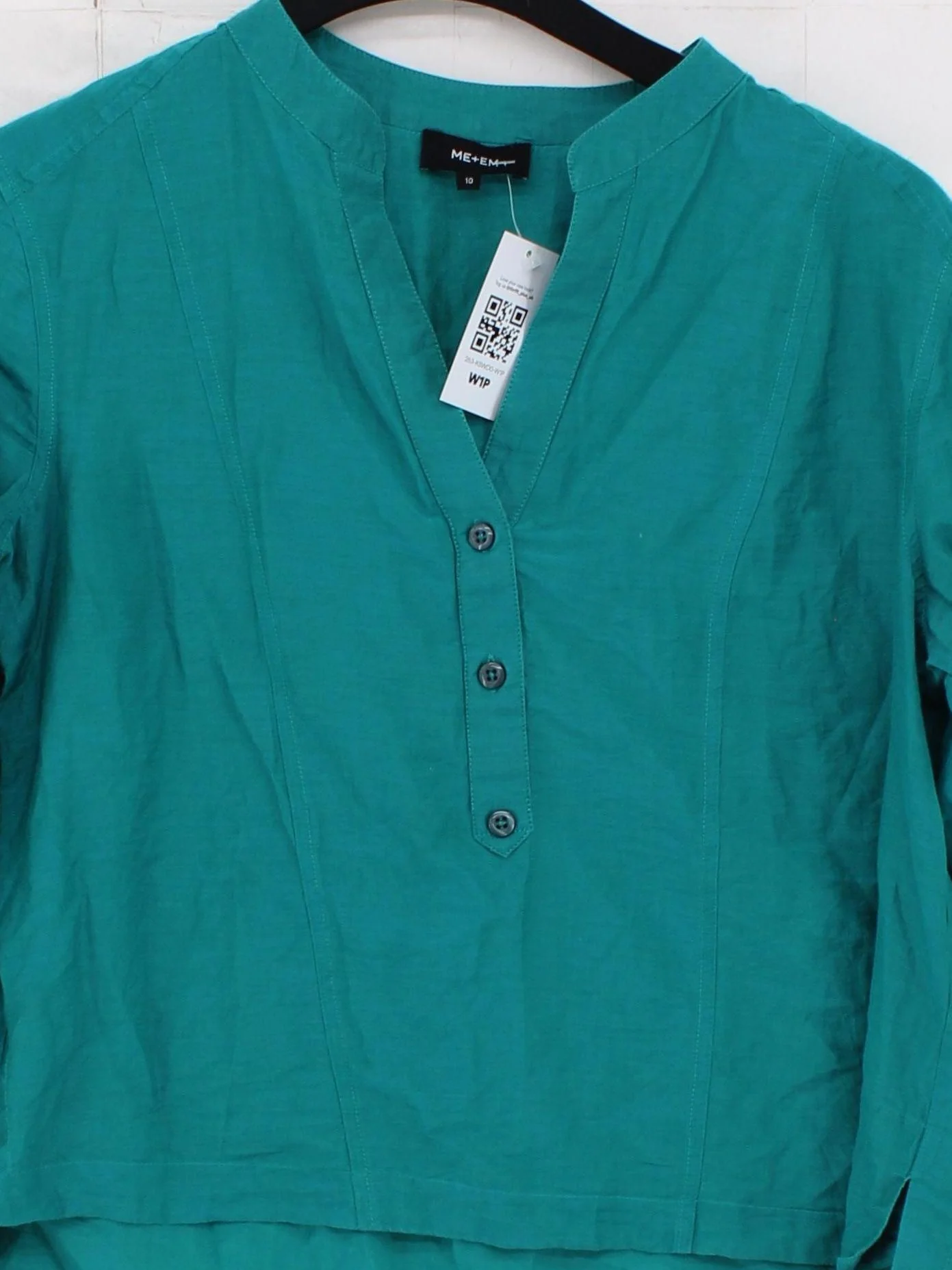 ME+EM Women's Shirt UK 10 Green Cotton with Silk Long Sleeve Collared Basic - Image 3