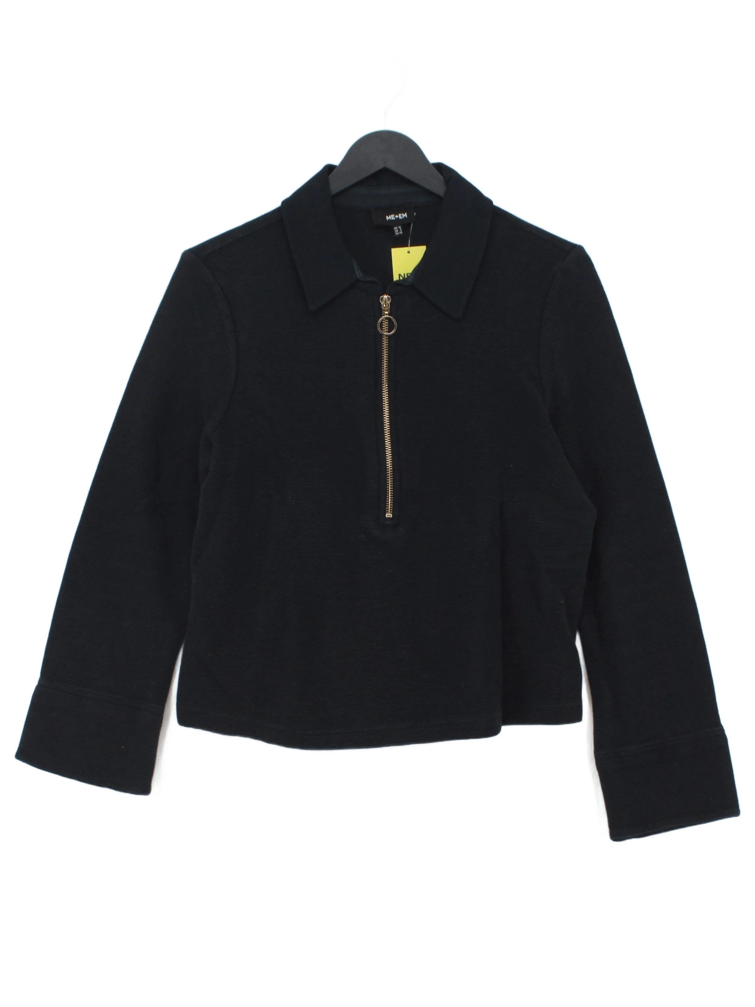ME+EM Women's Top UK 12 Black Cotton with Elastane Long Sleeve Collared Cropped