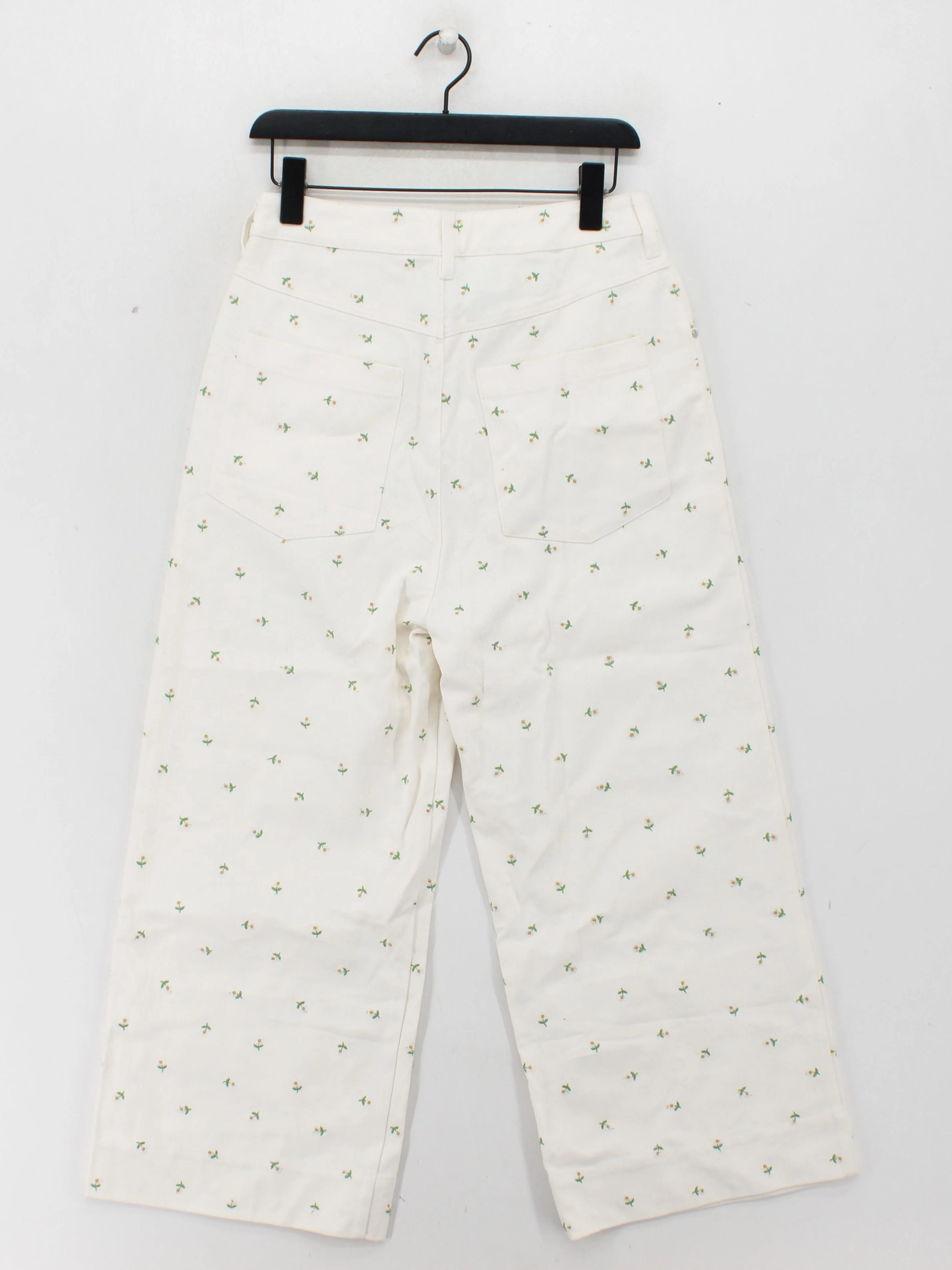MEADOWS Women's Trousers W 28 in Cream Floral 100% Cotton Wide-Leg Cropped - Image 2