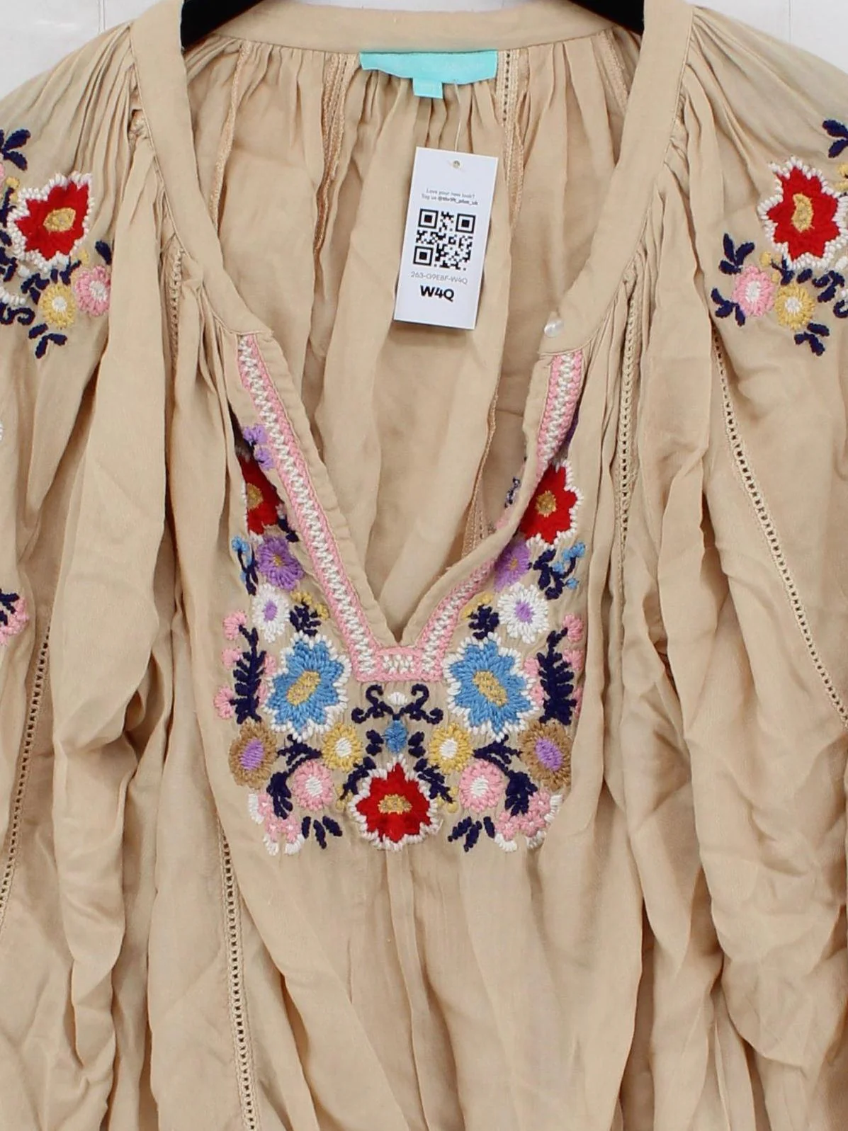 Melissa Odabash Women's Blouse Cream Floral 100% Viscose 3/4 Sleeve V-Neck Basic - Image 3