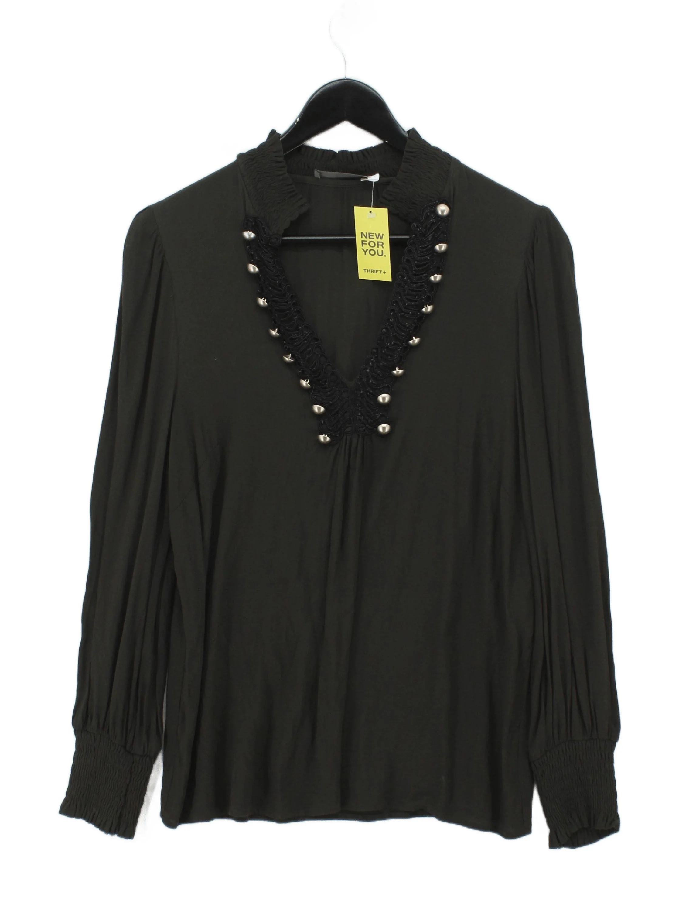 Mint Velvet Women's Blouse UK 12 Black 100% Viscose Long Sleeve V-Neck Basic