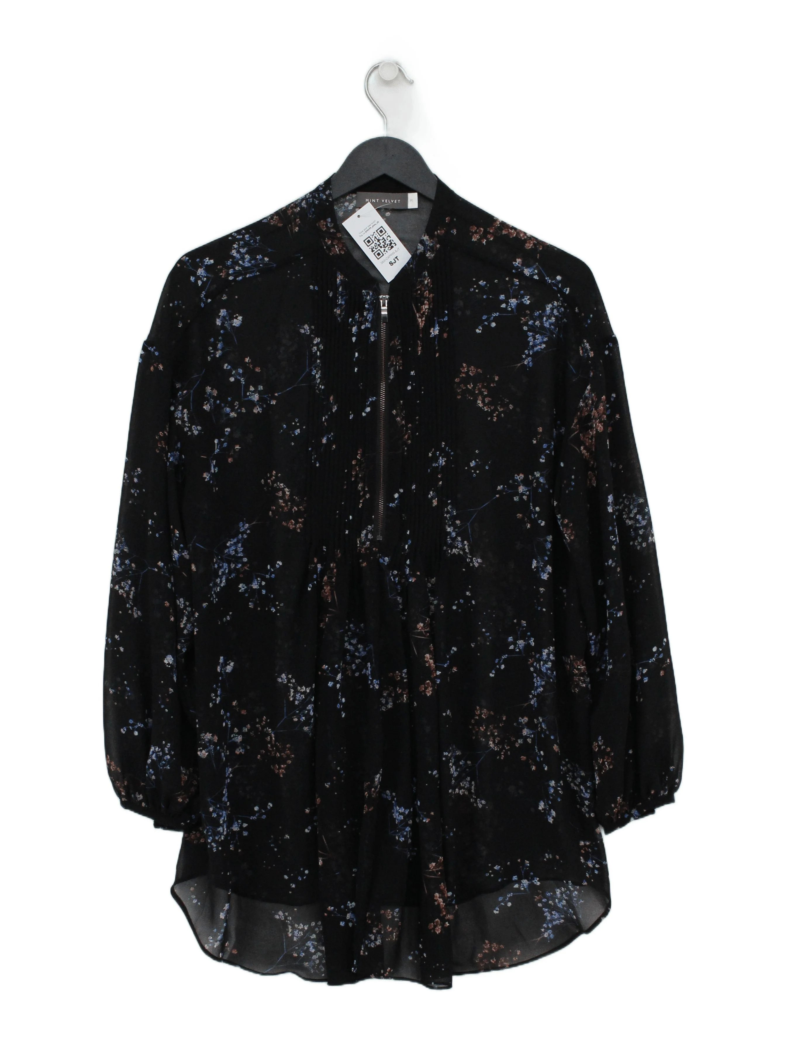 Mint Velvet Women's Top M Black Floral 100% Other Long Sleeve Collared Tunic