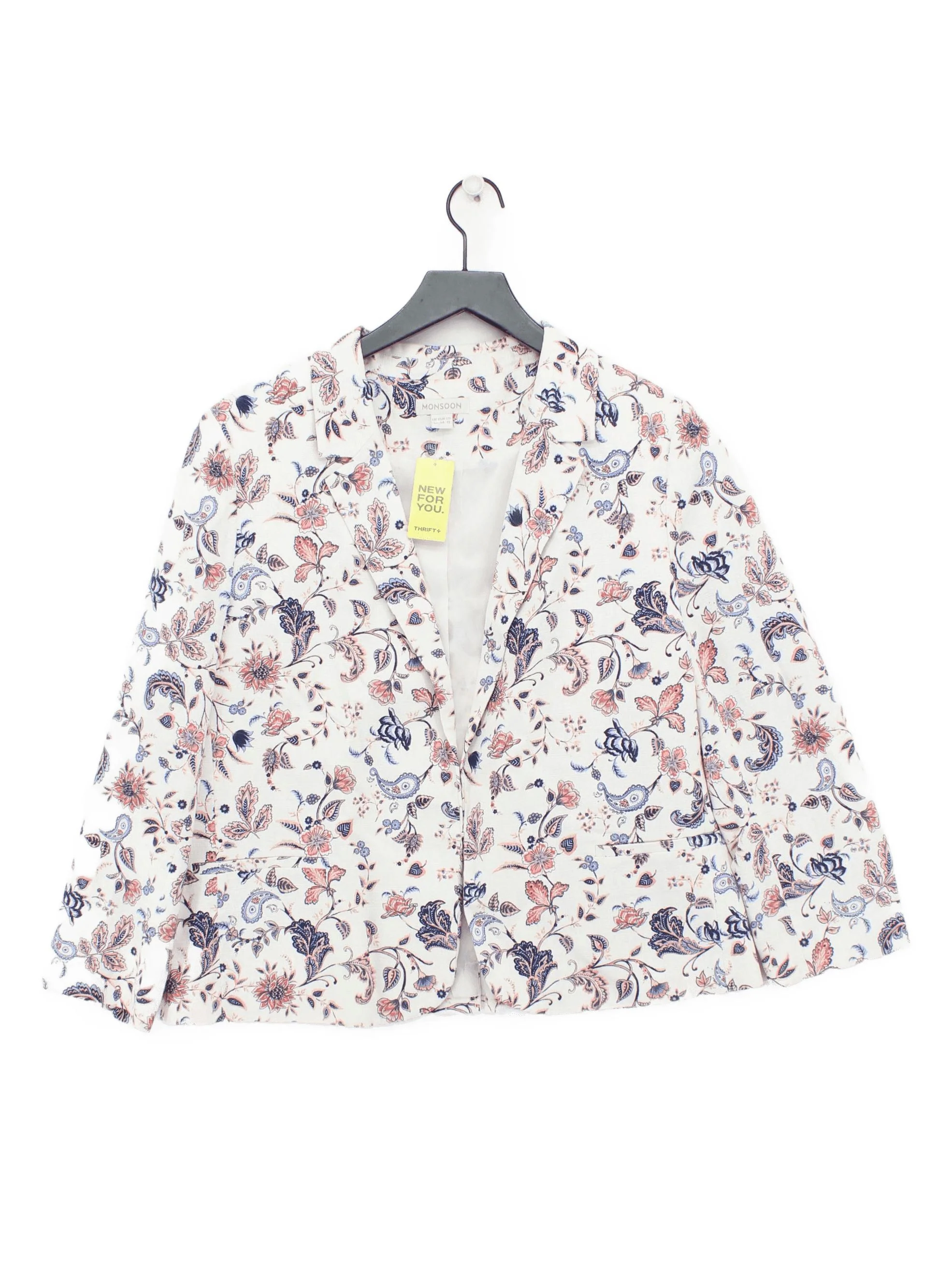 Monsoon Women's Blazer UK 16 Cream Floral Cotton with Elastane Overcoat