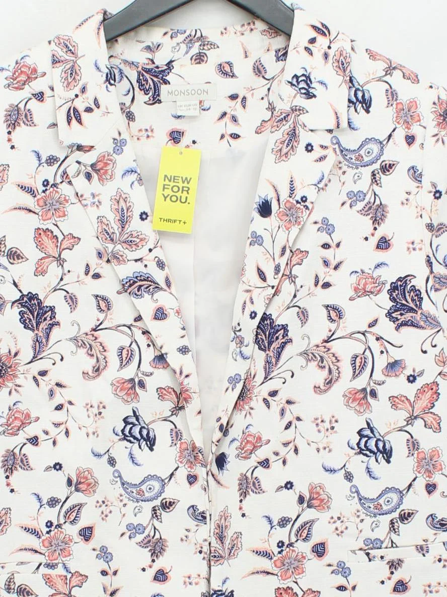 Monsoon Women's Blazer UK 16 Cream Floral Cotton with Elastane Overcoat - Image 3