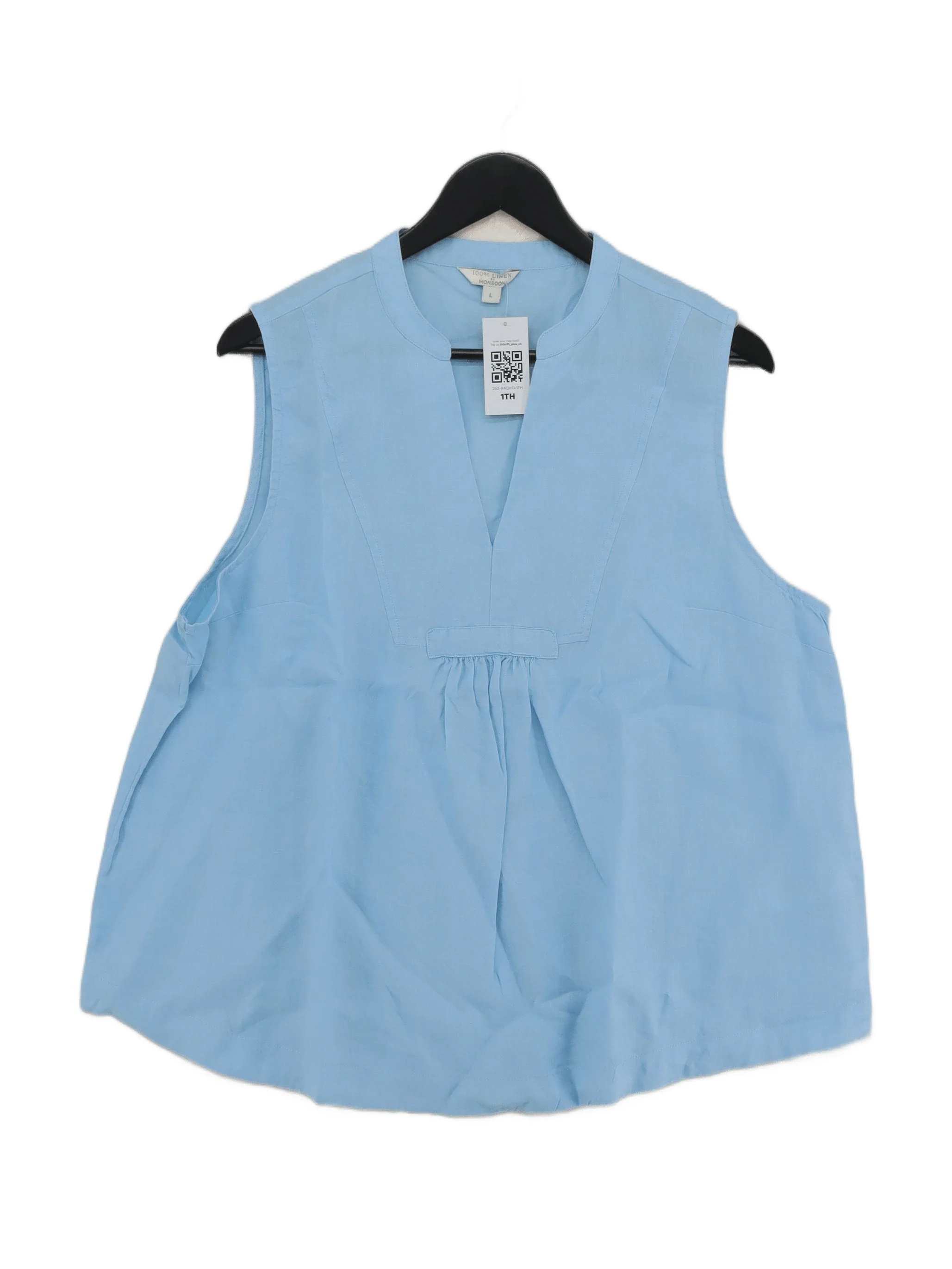 Monsoon Women's Blouse L Blue 100% Linen Sleeveless V-Neck Basic