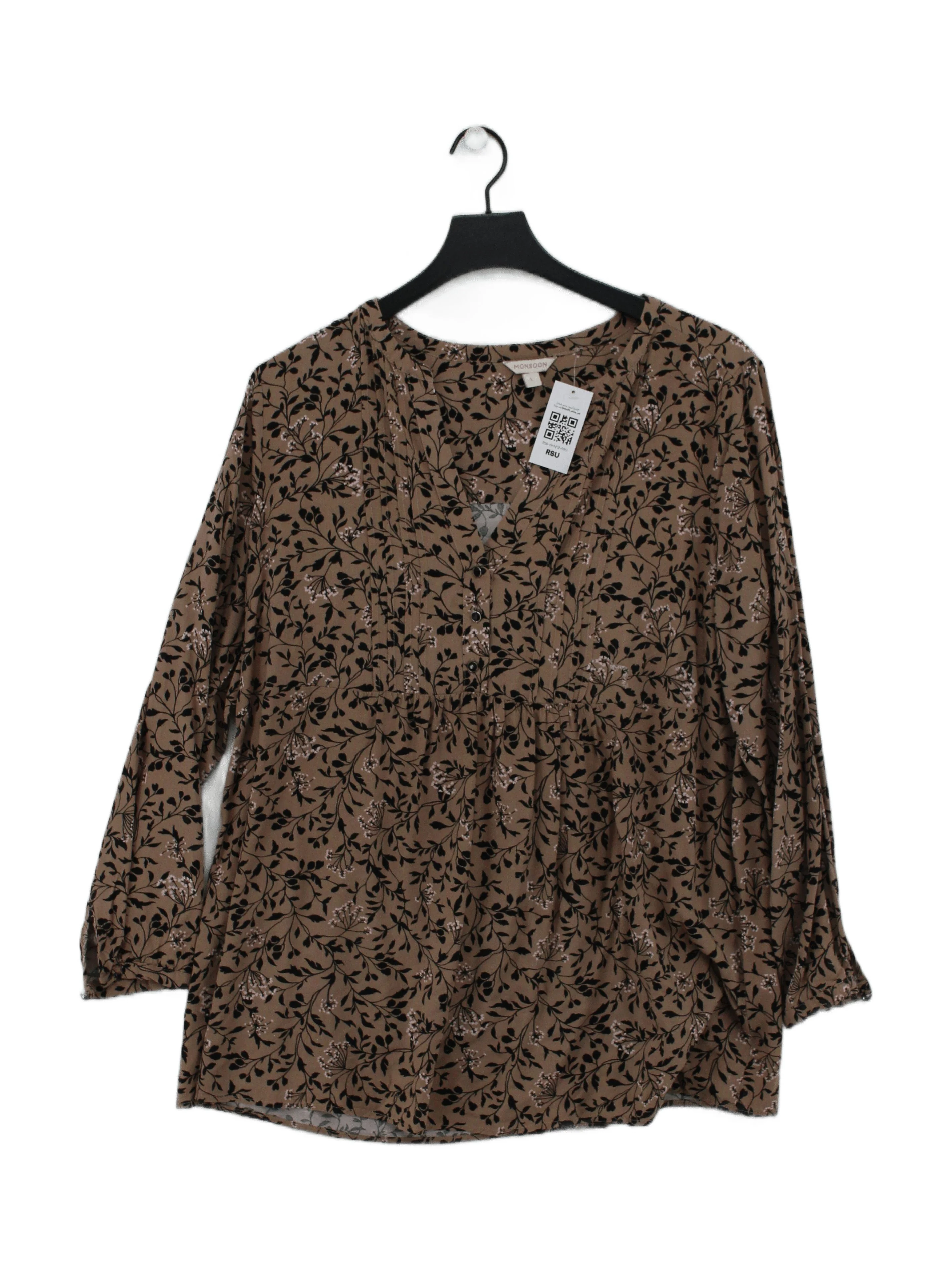 Monsoon Women's Blouse L Brown Floral 100% Viscose 3/4 Sleeve V-Neck Basic