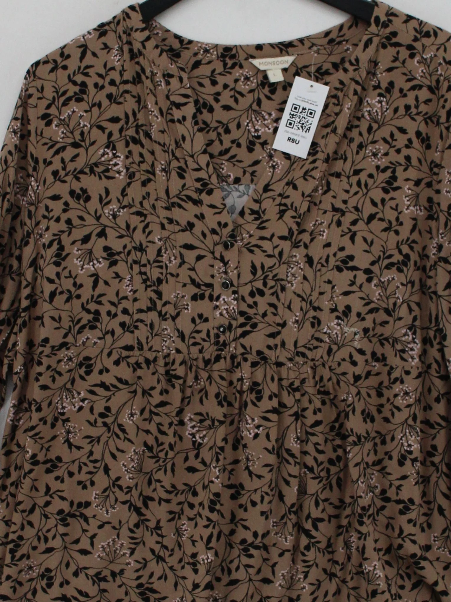 Monsoon Women's Blouse L Brown Floral 100% Viscose 3/4 Sleeve V-Neck Basic - Image 3