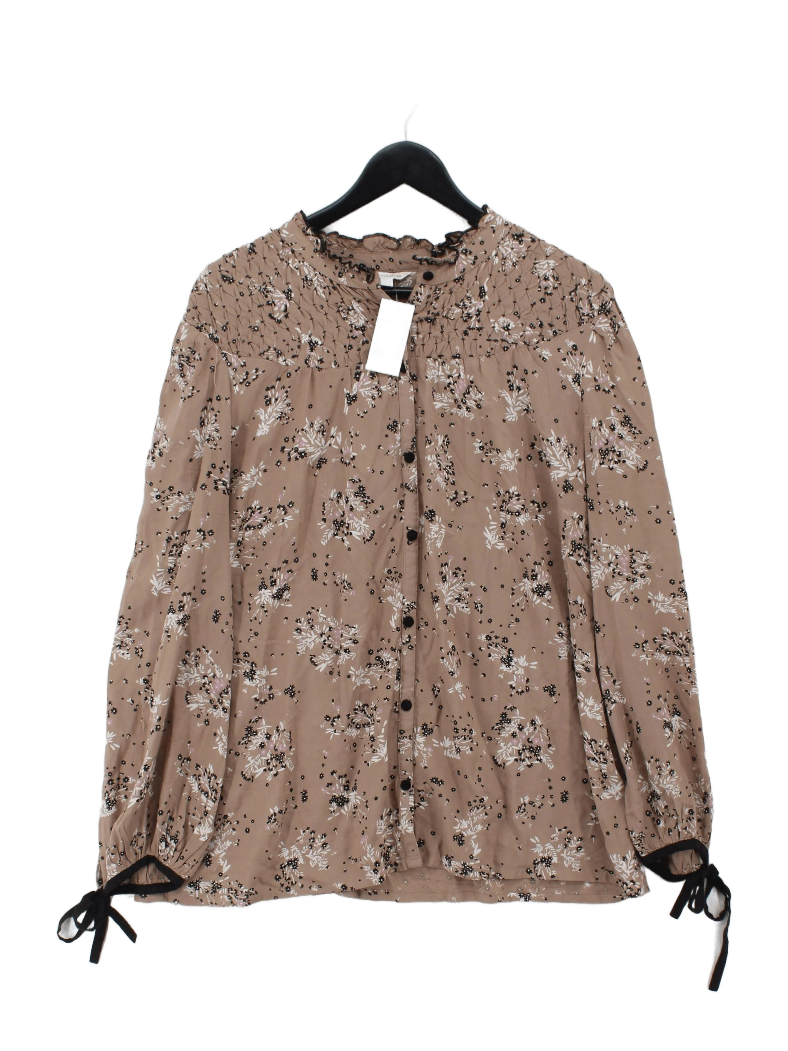 Monsoon Women's Blouse L Tan Floral 100% Viscose Long Sleeve High Neck Basic