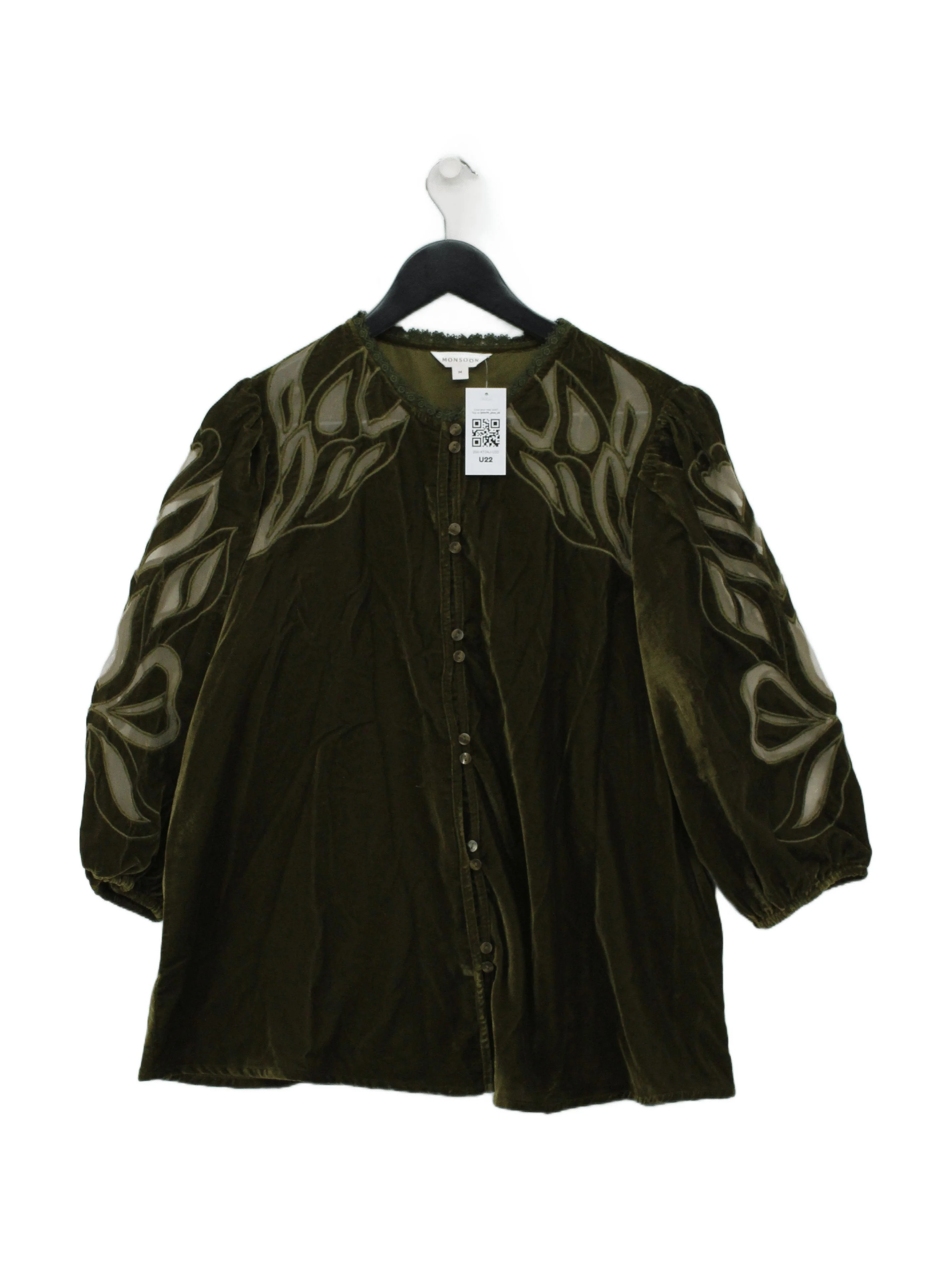 Monsoon Women's Blouse M Green 100% Polyester 3/4 Sleeve Collared Basic