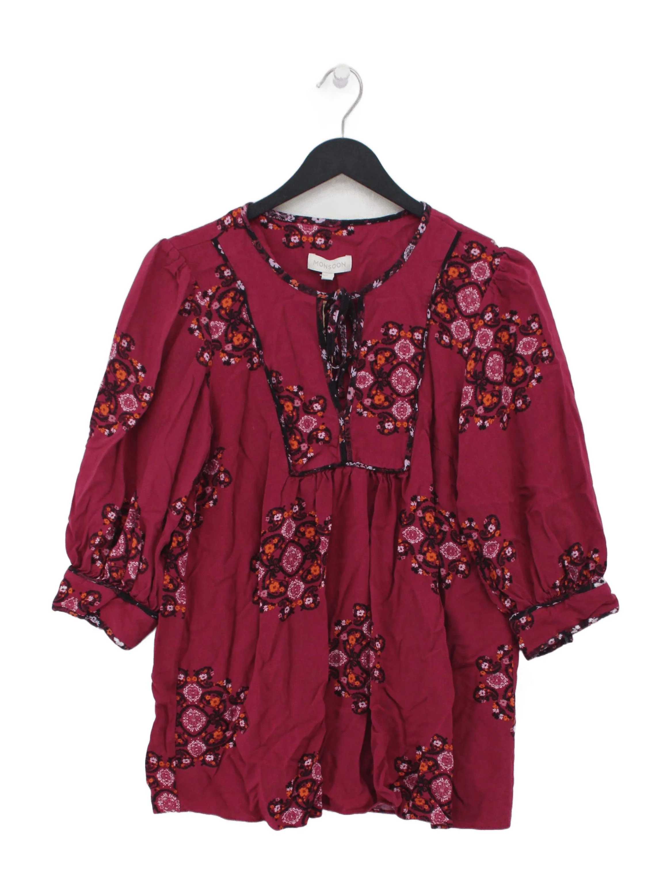 Monsoon Women's Blouse M Red Floral 100% Viscose 3/4 Sleeve V-Neck Basic