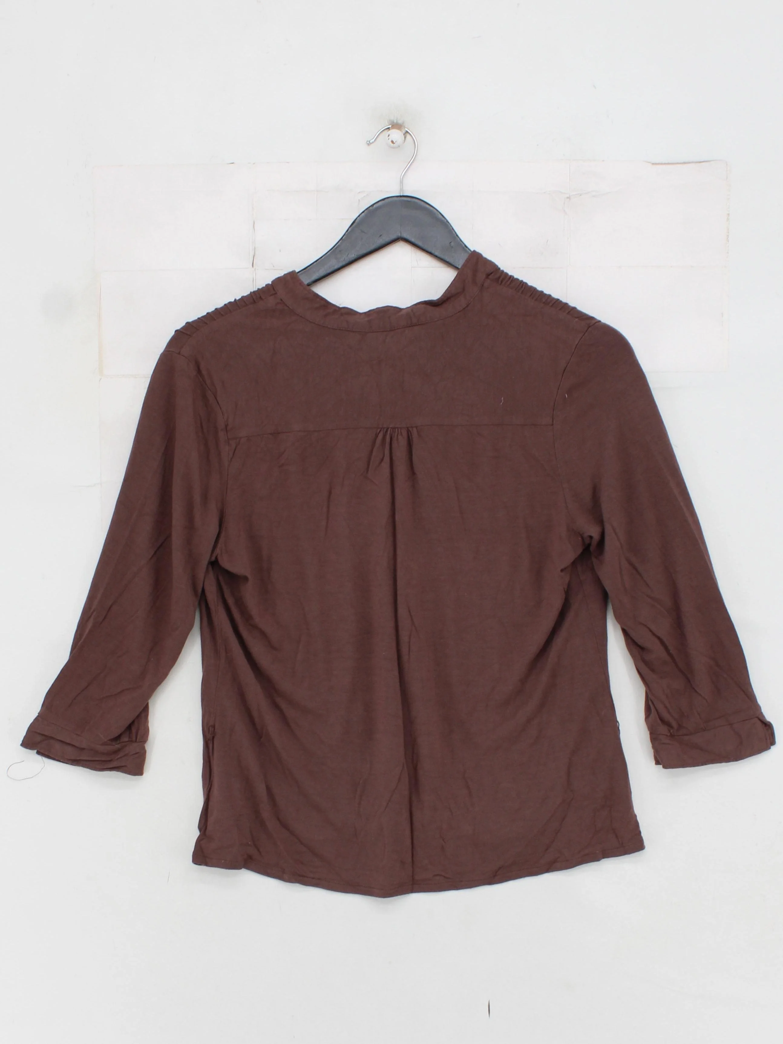 Monsoon Women's Blouse UK 14 Brown 100% Viscose 3/4 Sleeve V-Neck Basic - Image 2