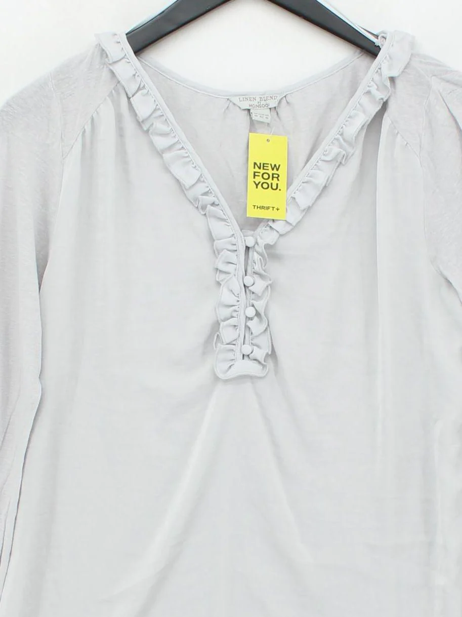Monsoon Women's Blouse UK 14 Grey Viscose with Linen Long Sleeve V-Neck Basic - Image 3