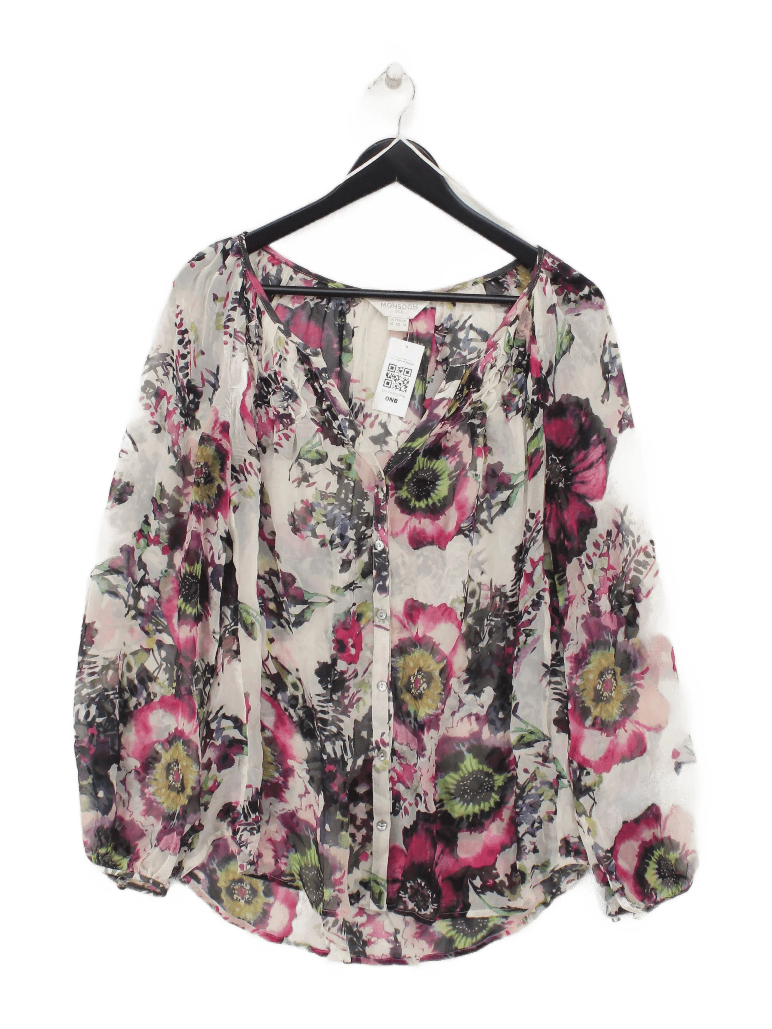 Monsoon Women's Blouse UK 14 Multi Floral 100% Silk Long Sleeve V-Neck Basic