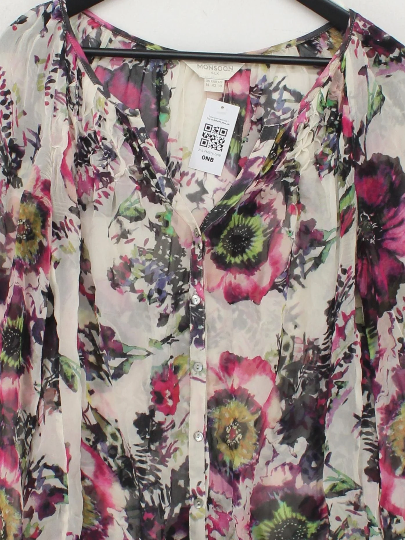 Monsoon Women's Blouse UK 14 Multi Floral 100% Silk Long Sleeve V-Neck Basic - Image 3