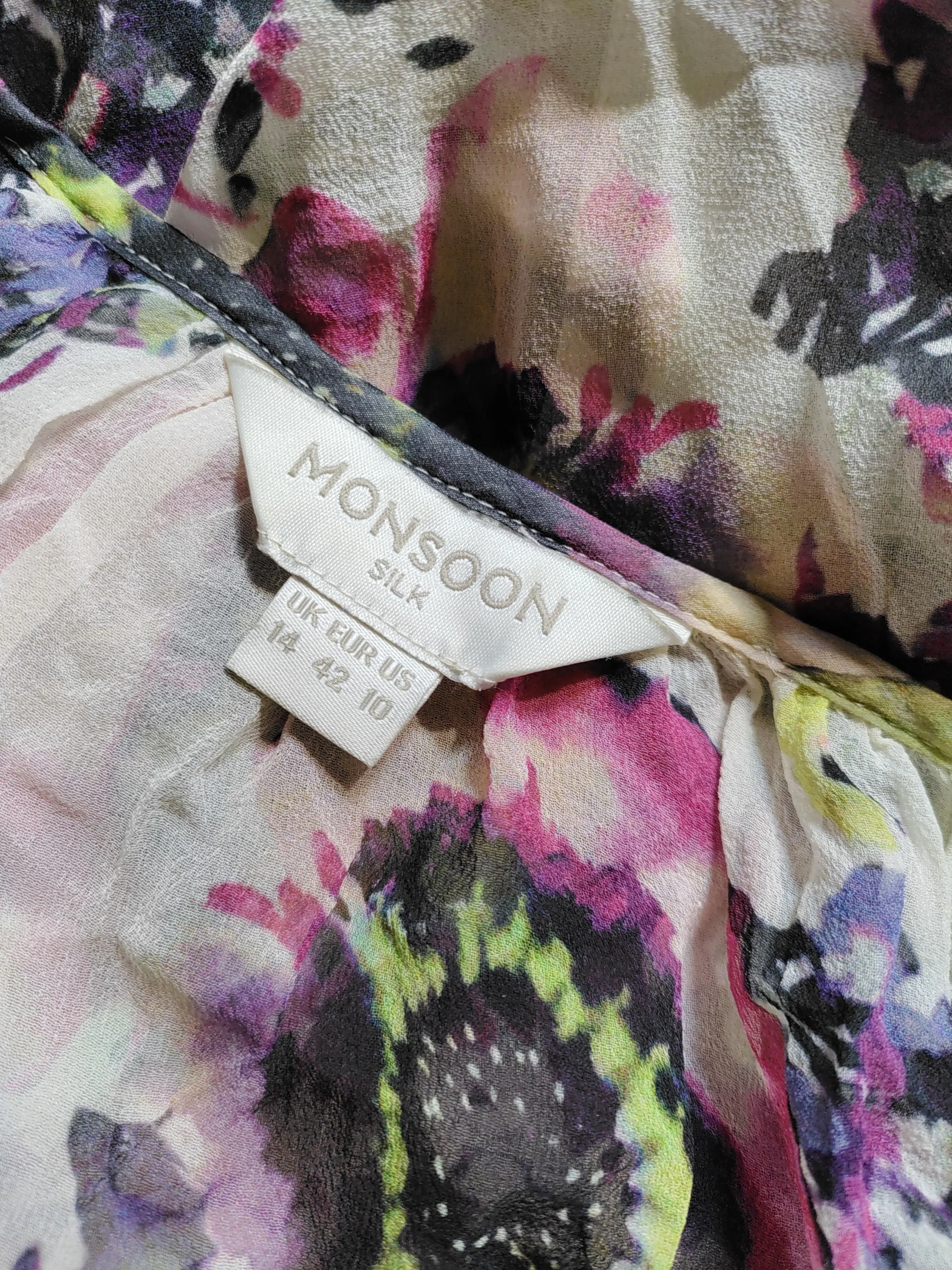 Monsoon Women's Blouse UK 14 Multi Floral 100% Silk Long Sleeve V-Neck Basic - Image 5