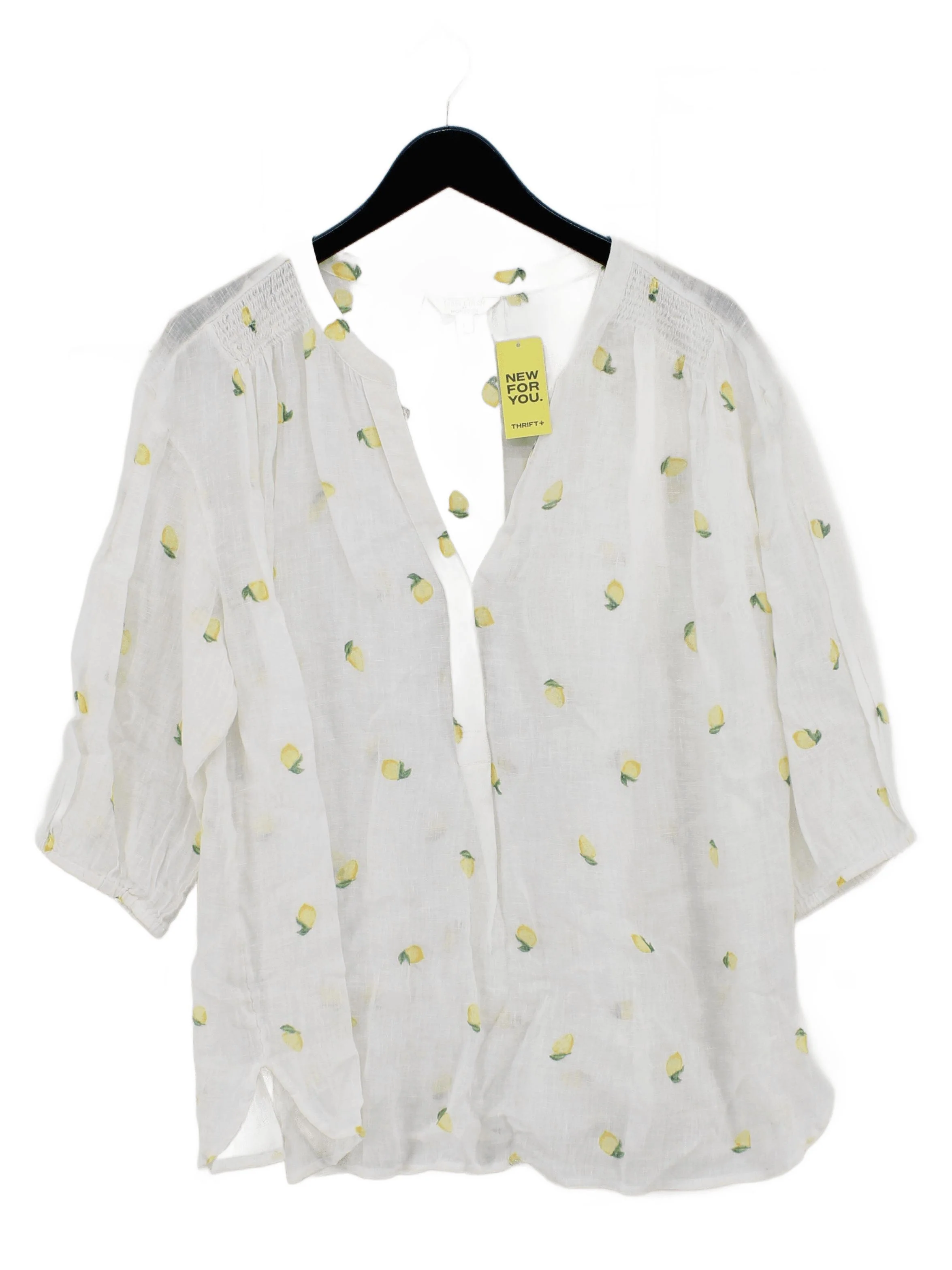 Monsoon Women's Shirt L White Geometric 100% Linen 3/4 Sleeve V-Neck Basic
