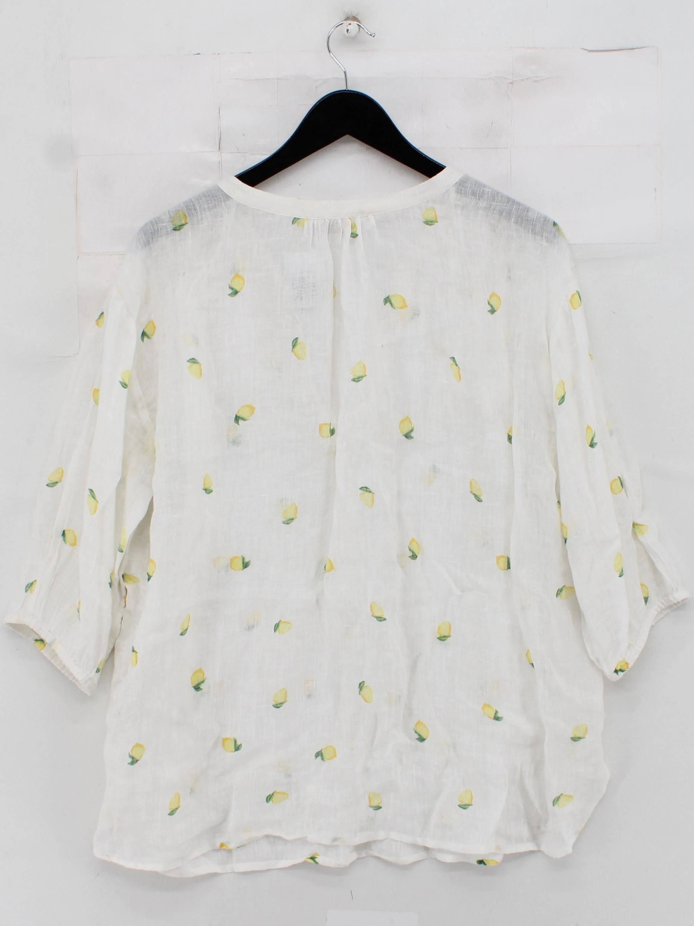 Monsoon Women's Shirt L White Geometric 100% Linen 3/4 Sleeve V-Neck Basic - Image 2