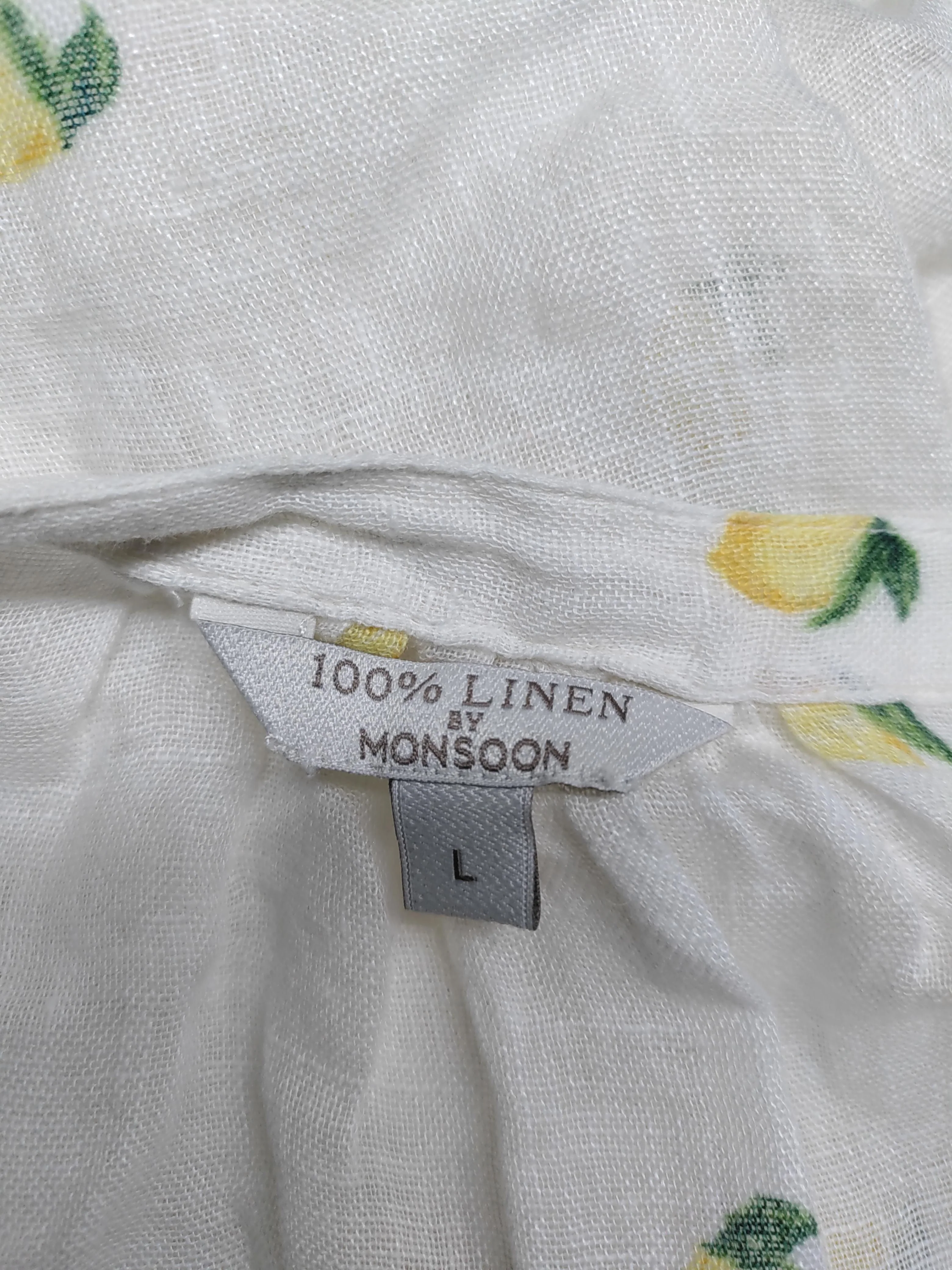 Monsoon Women's Shirt L White Geometric 100% Linen 3/4 Sleeve V-Neck Basic - Image 5