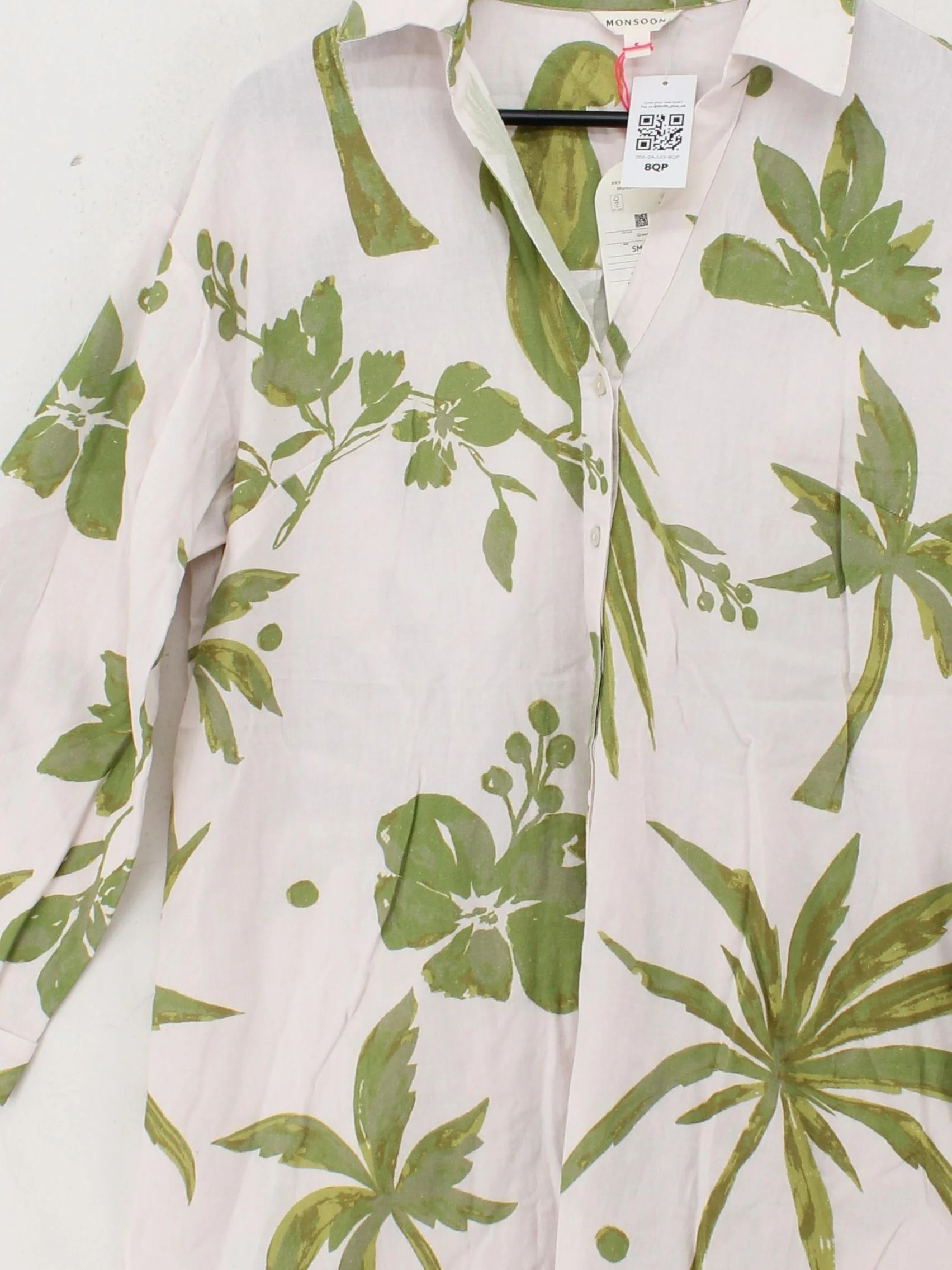 Monsoon Women's Shirt S White Floral Cotton with Linen 3/4 Sleeve Collared Basic - Image 3