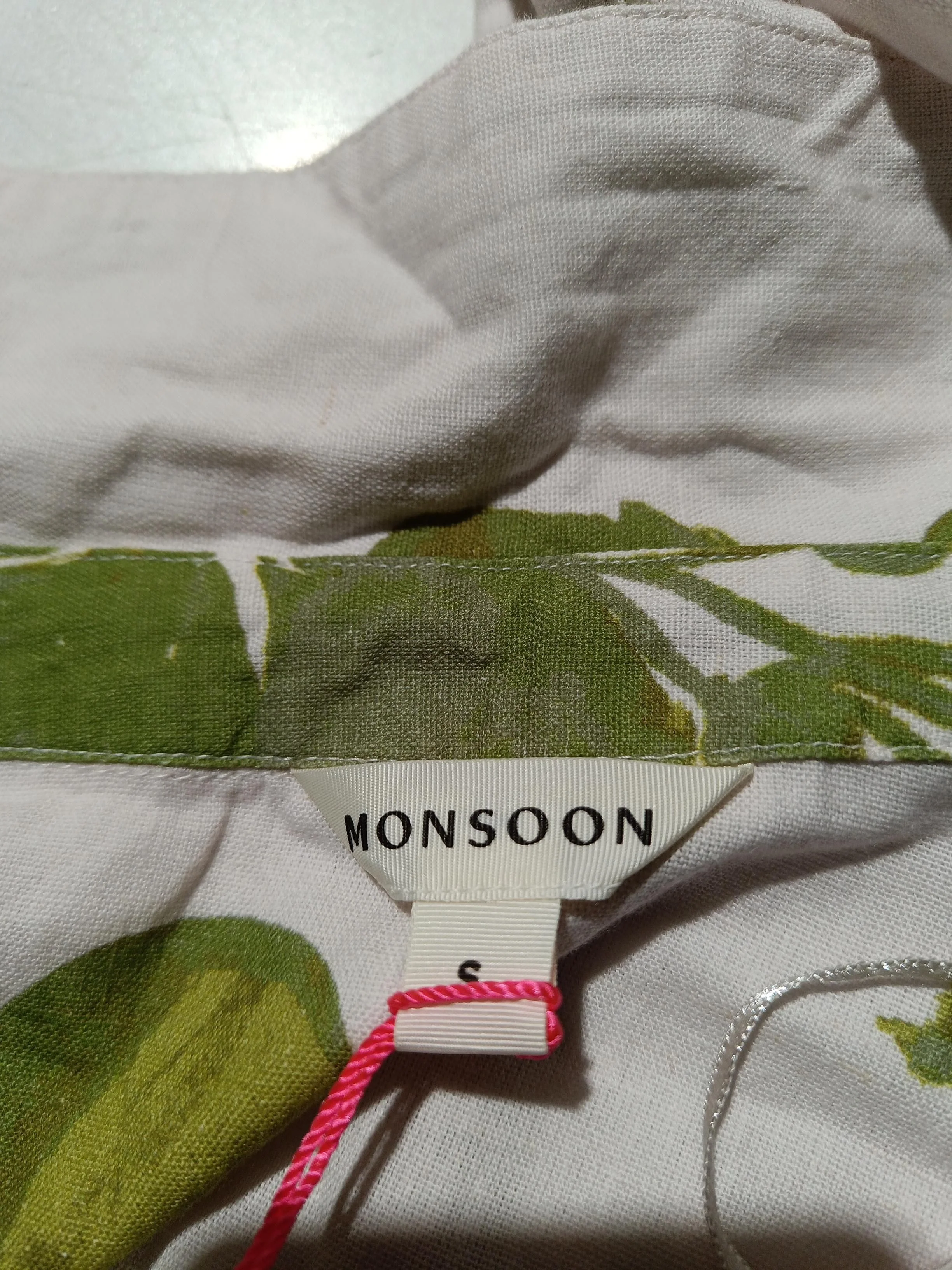 Monsoon Women's Shirt S White Floral Cotton with Linen 3/4 Sleeve Collared Basic - Image 5