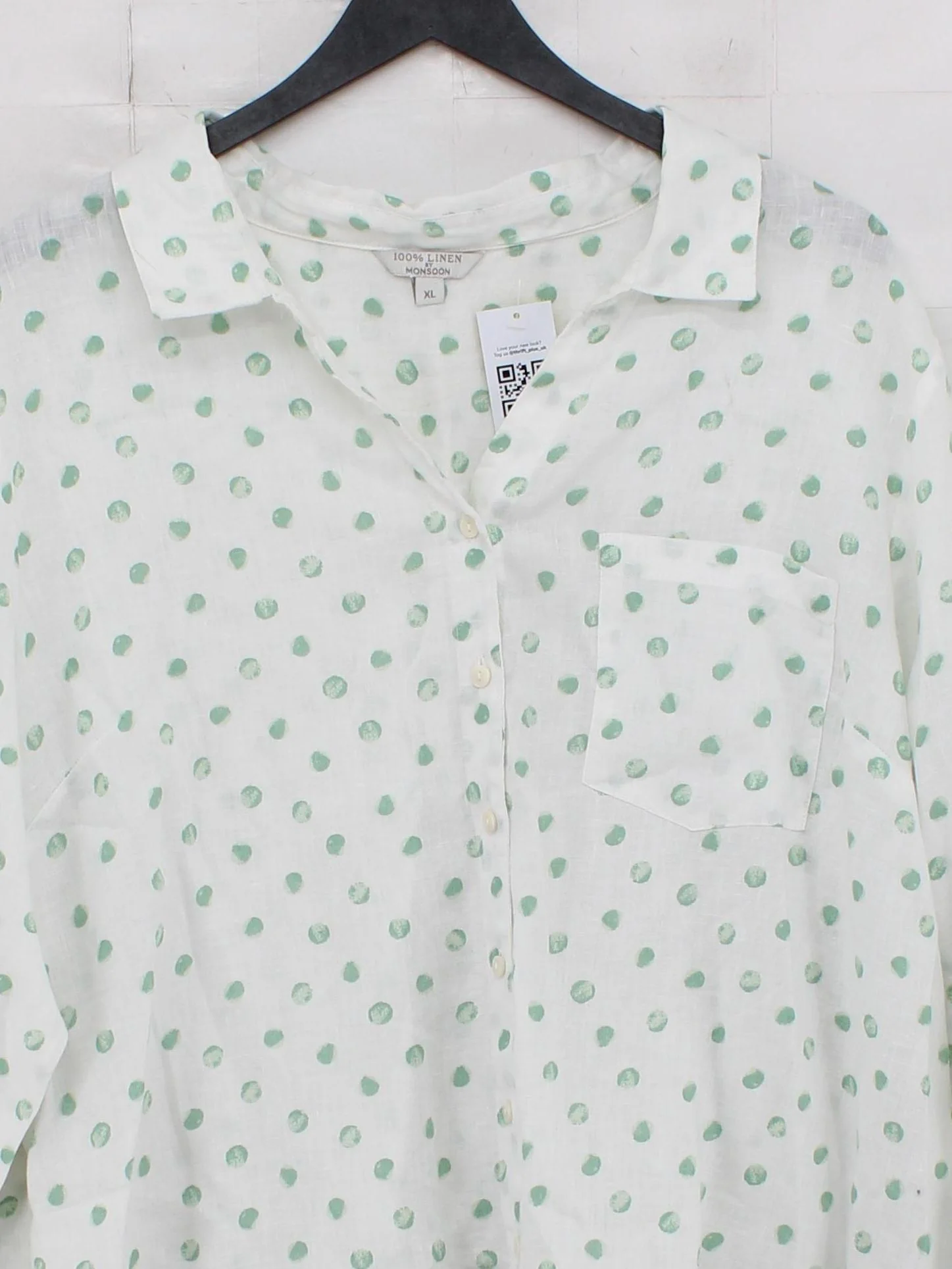 Monsoon Women's Shirt XL White Polkadot 100% Linen Long Sleeve Collared Basic - Image 3