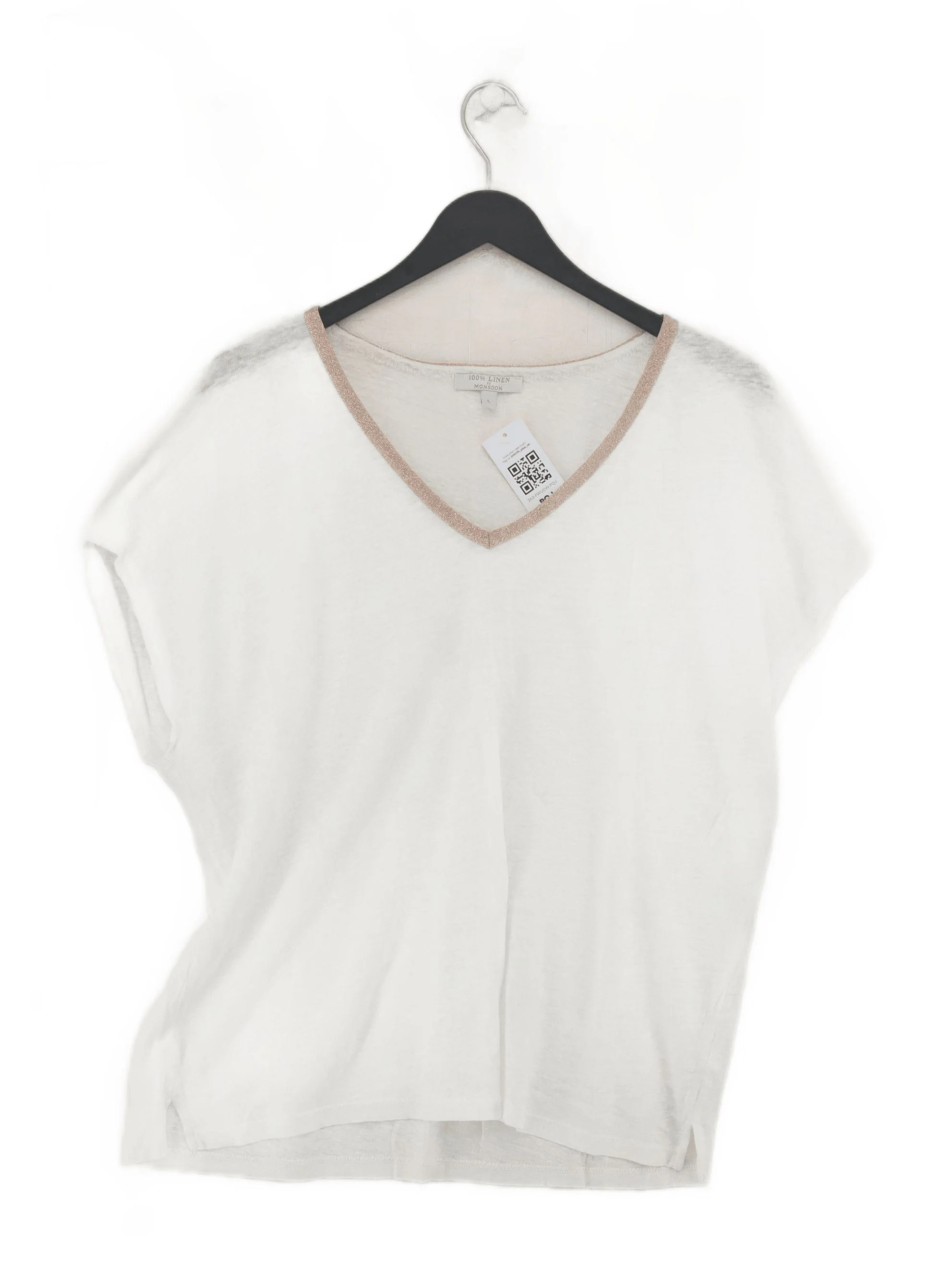 Monsoon Women's T-Shirt L White 100% Linen Short Sleeve V-Neck Basic