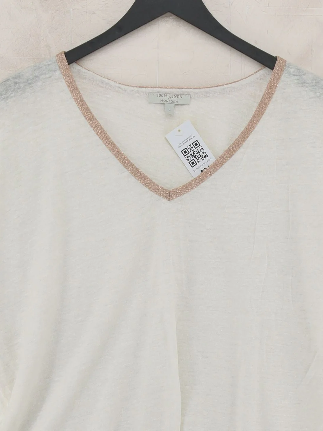 Monsoon Women's T-Shirt L White 100% Linen Short Sleeve V-Neck Basic - Image 3