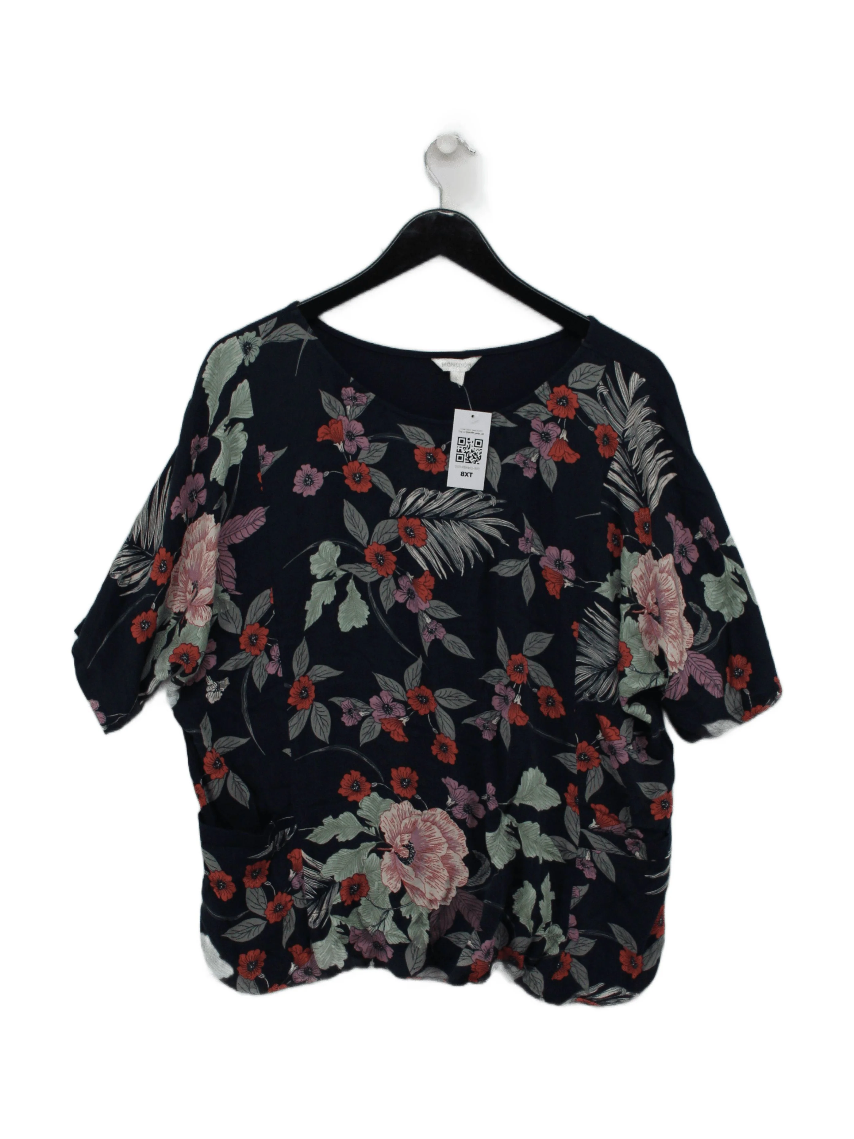 Monsoon Women's Top L Blue Floral 100% Other Short Sleeve Round Neck Basic