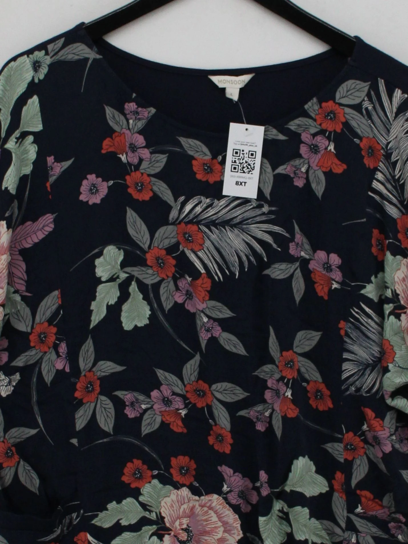 Monsoon Women's Top L Blue Floral 100% Other Short Sleeve Round Neck Basic - Image 3