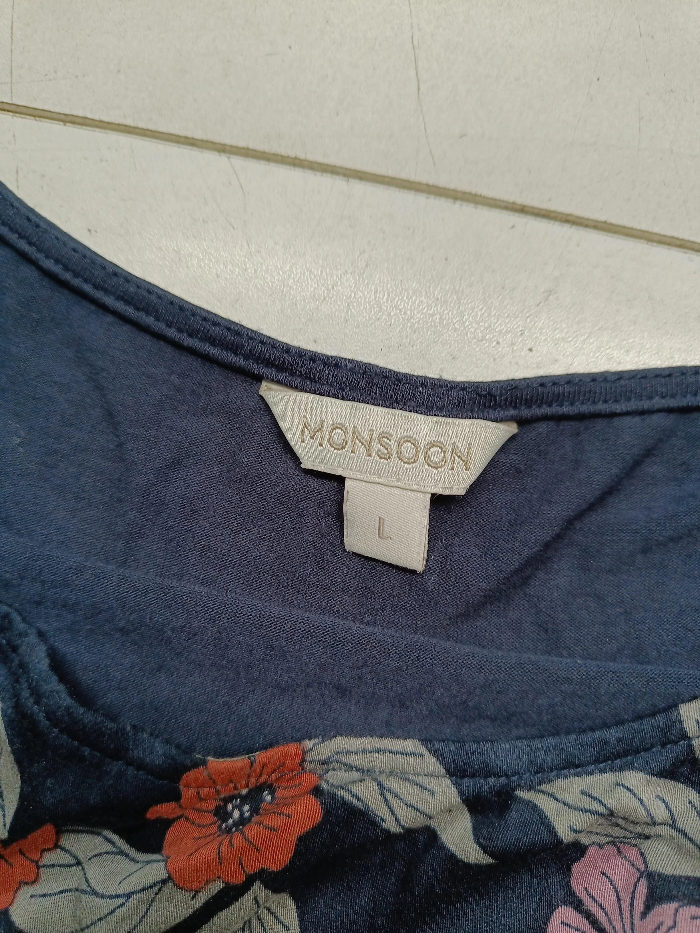 Monsoon Women's Top L Blue Floral 100% Other Short Sleeve Round Neck Basic - Image 5