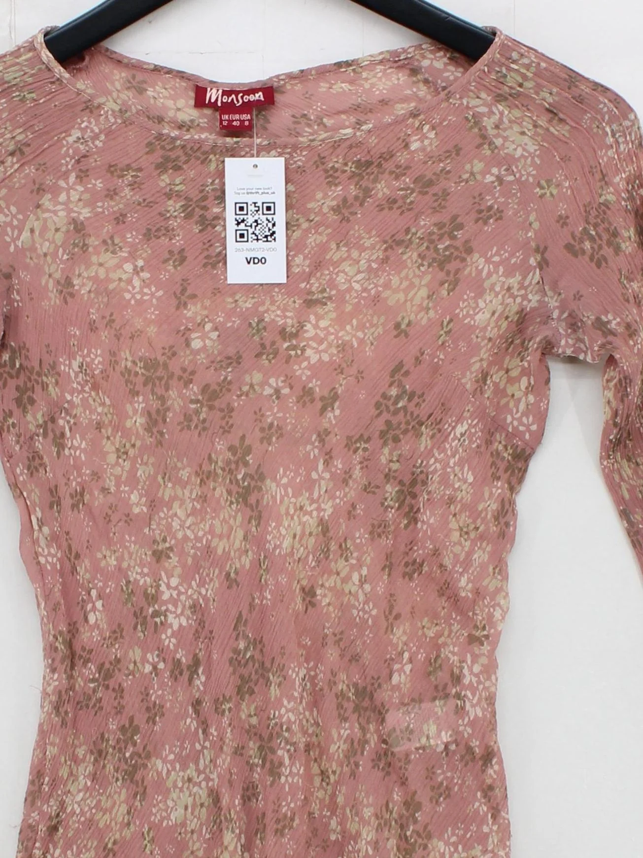 Monsoon Women's Top M Pink Floral 100% Silk Long Sleeve Round Neck Basic - Image 3