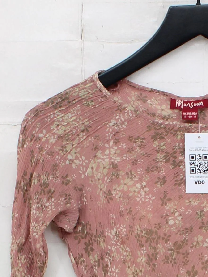 Monsoon Women's Top M Pink Floral 100% Silk Long Sleeve Round Neck Basic - Image 4