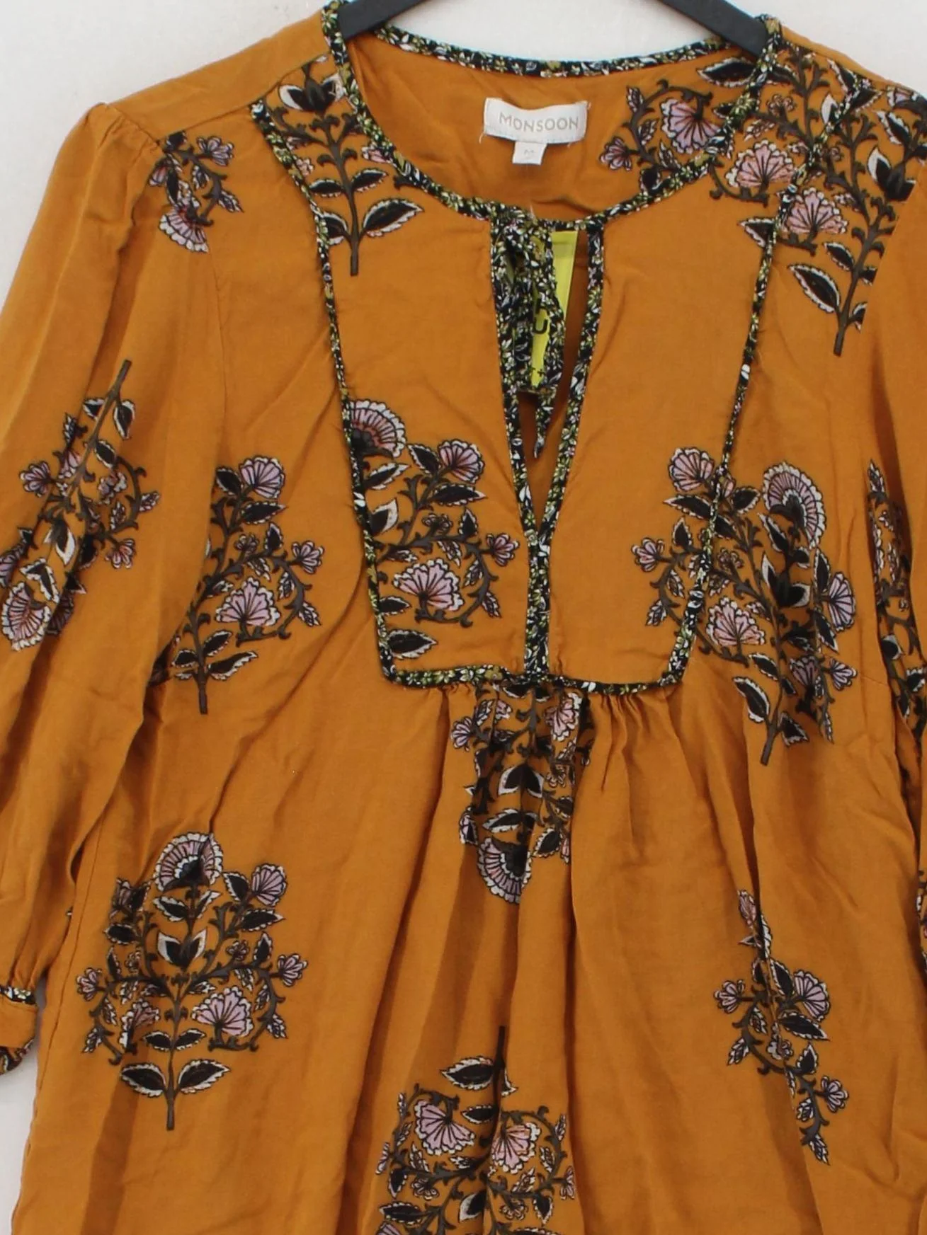 Monsoon Women's Top M Yellow Floral 100% Viscose 3/4 Sleeve V-Neck Tunic - Image 3