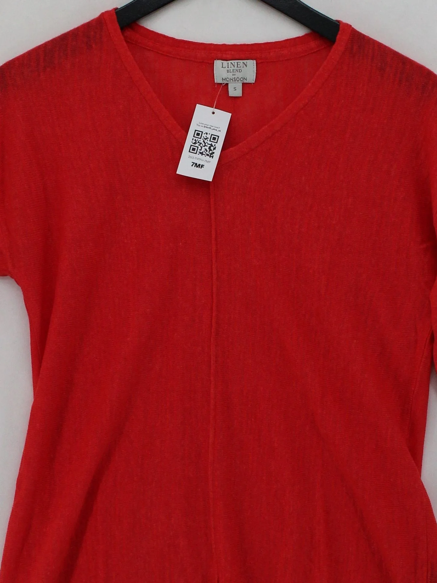 Monsoon Women's Top S Red Viscose with Linen 3/4 Sleeve V-Neck Basic - Image 3