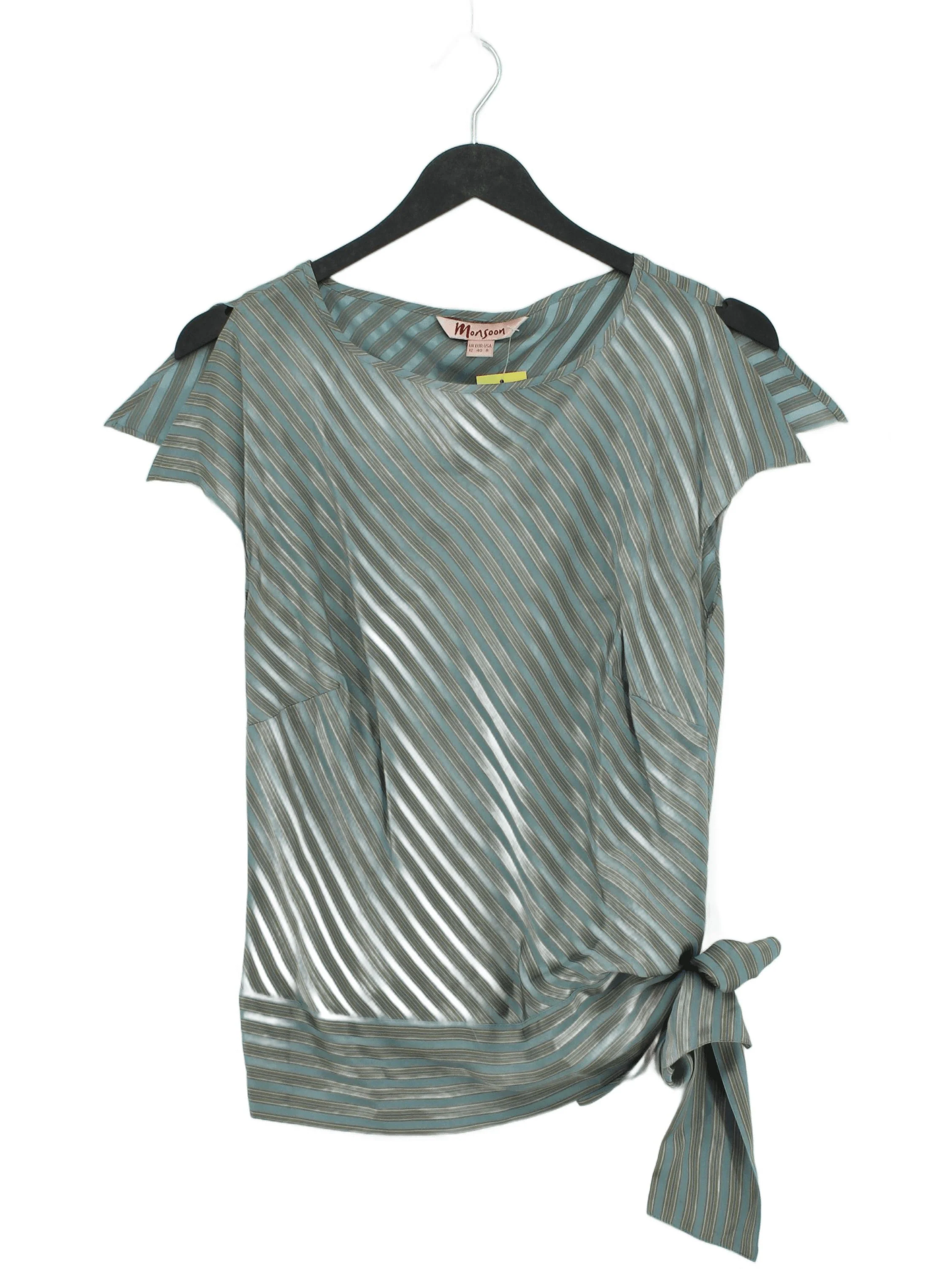 Monsoon Women's Top UK 12 Multi Striped 100% Silk Short Sleeve Round Neck Basic